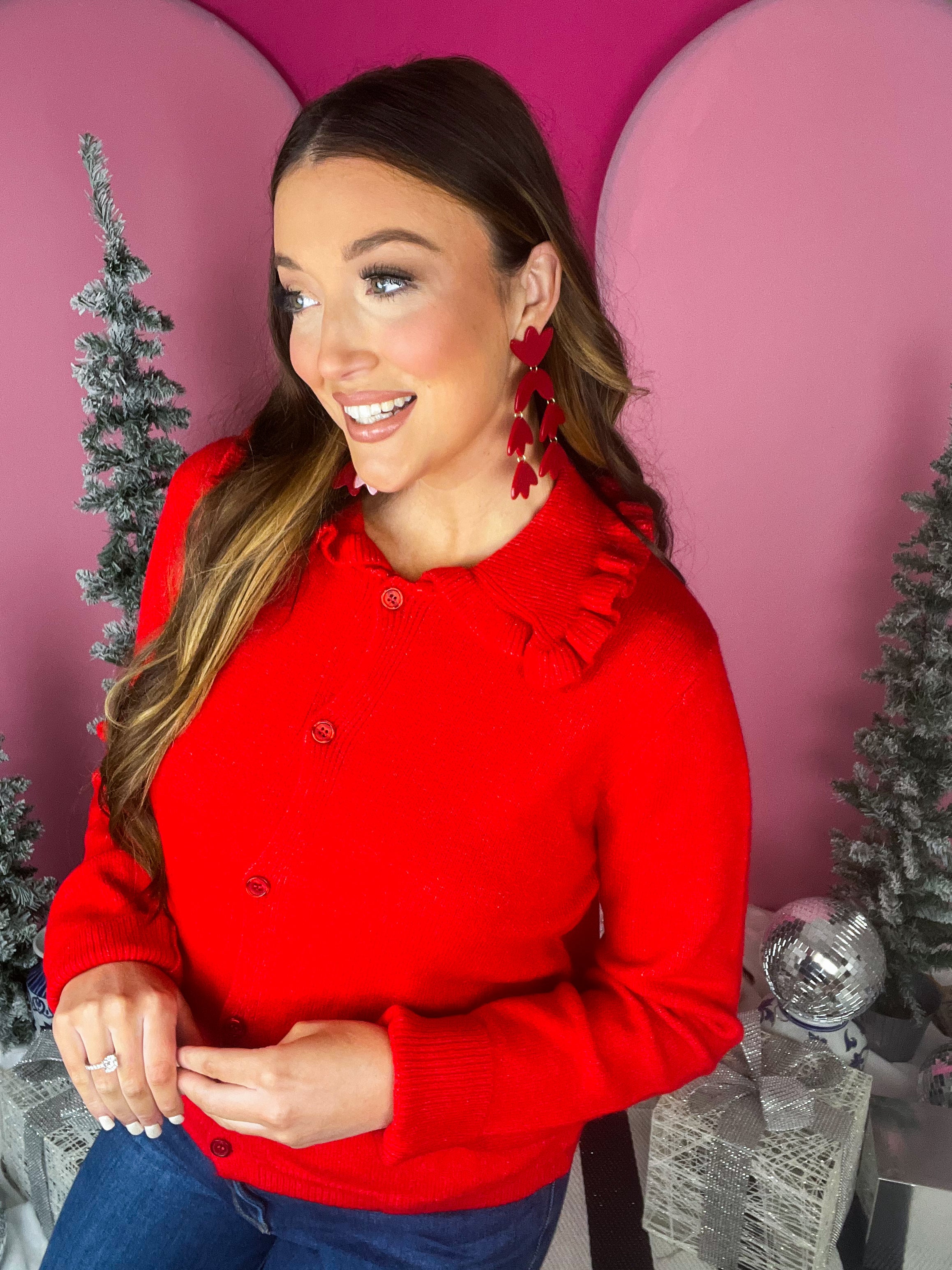 Red Acrylic Ruffle Cardigan Sweater