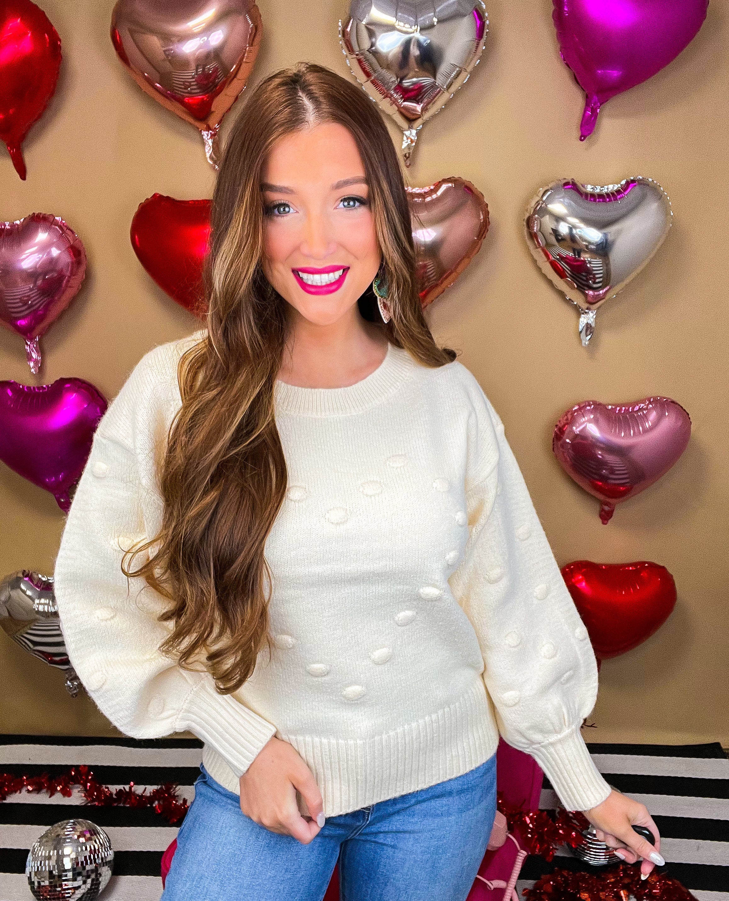 Cream Heart Pom Sweater