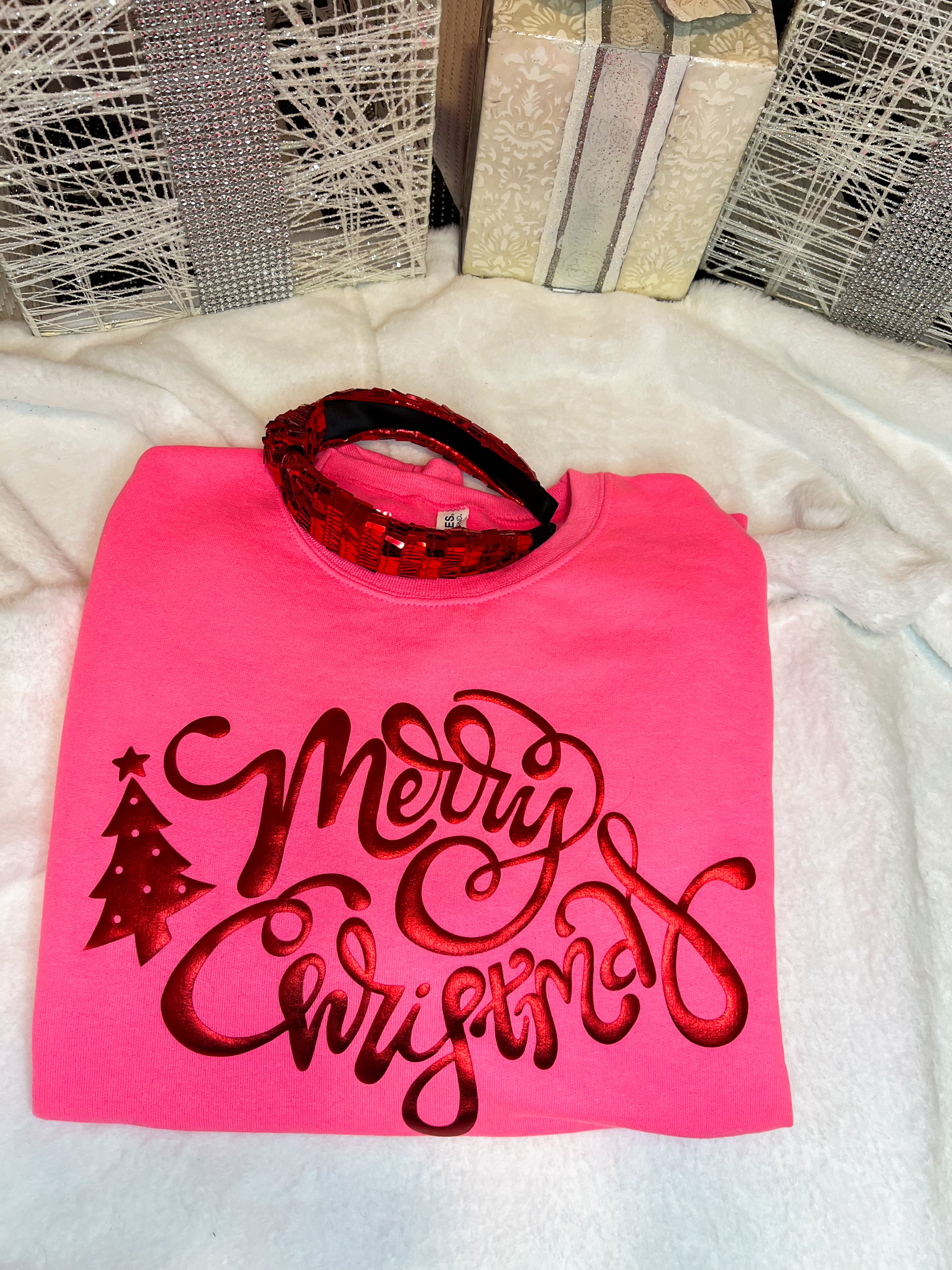 Pink Merry Christmas Metallic Puff Graphic Sweatshirt