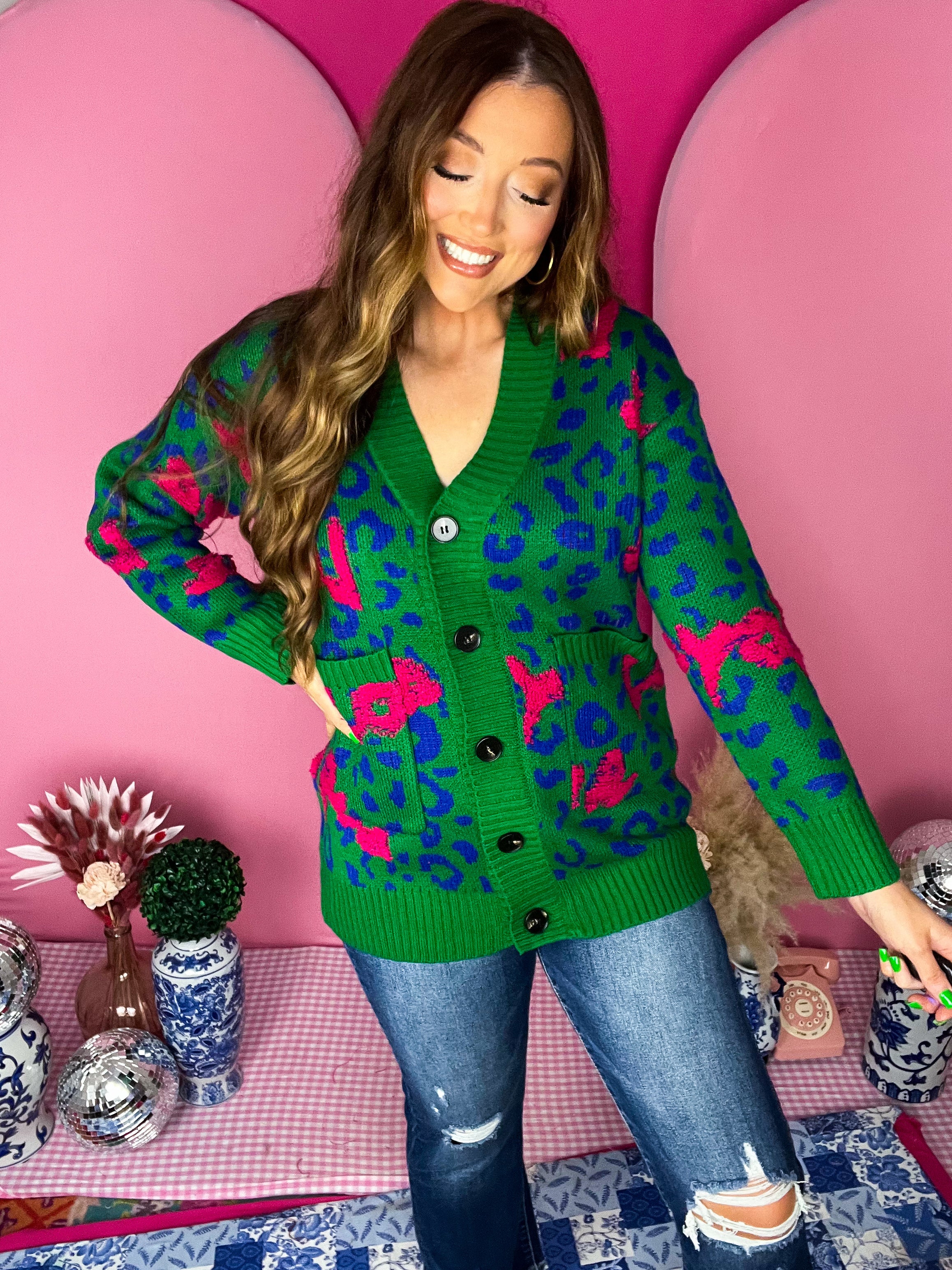 Green Leopard Jacquard Cardigan