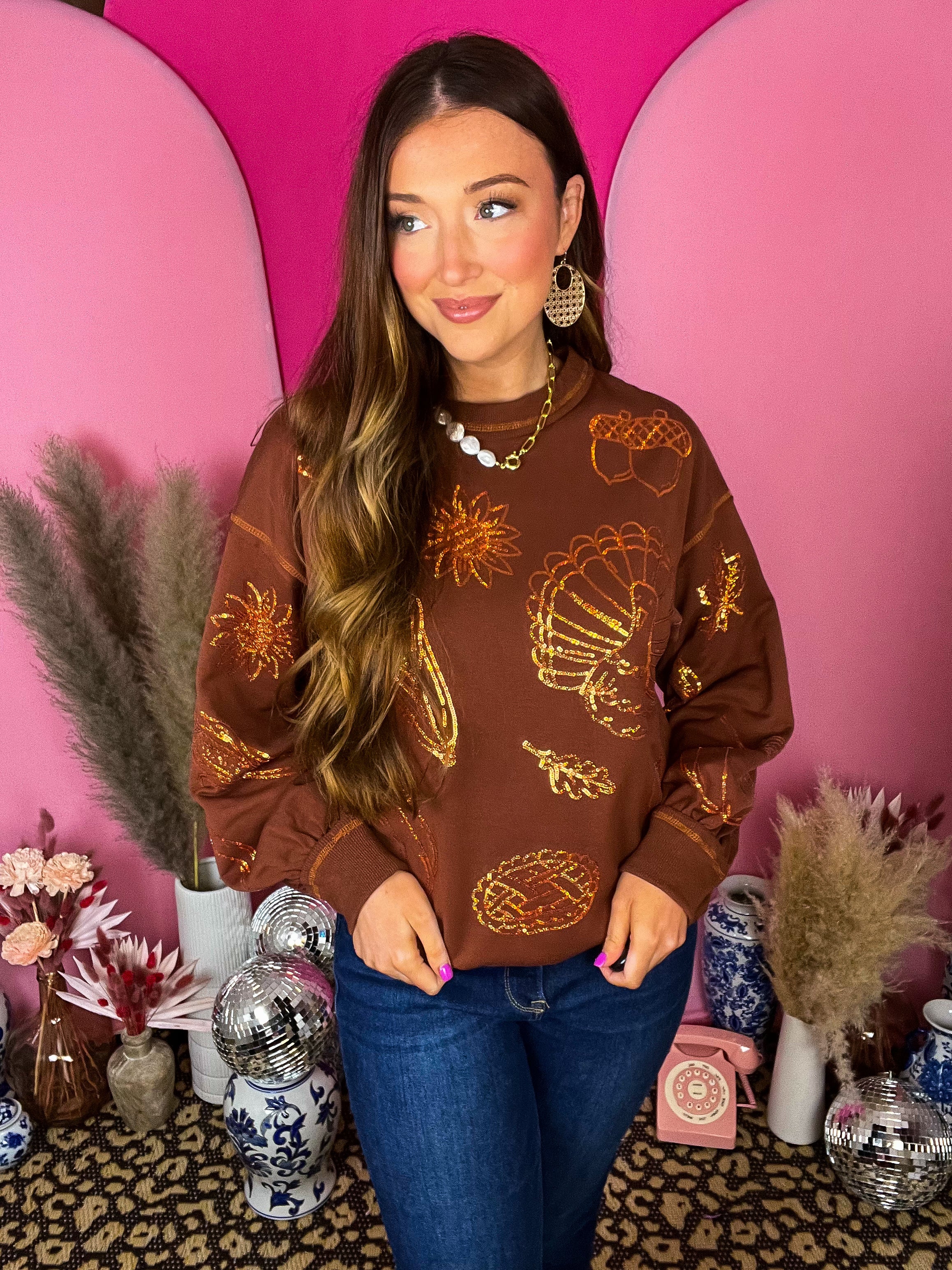 Brown Sweatshirt Turkey Fall Sequin Embroidered