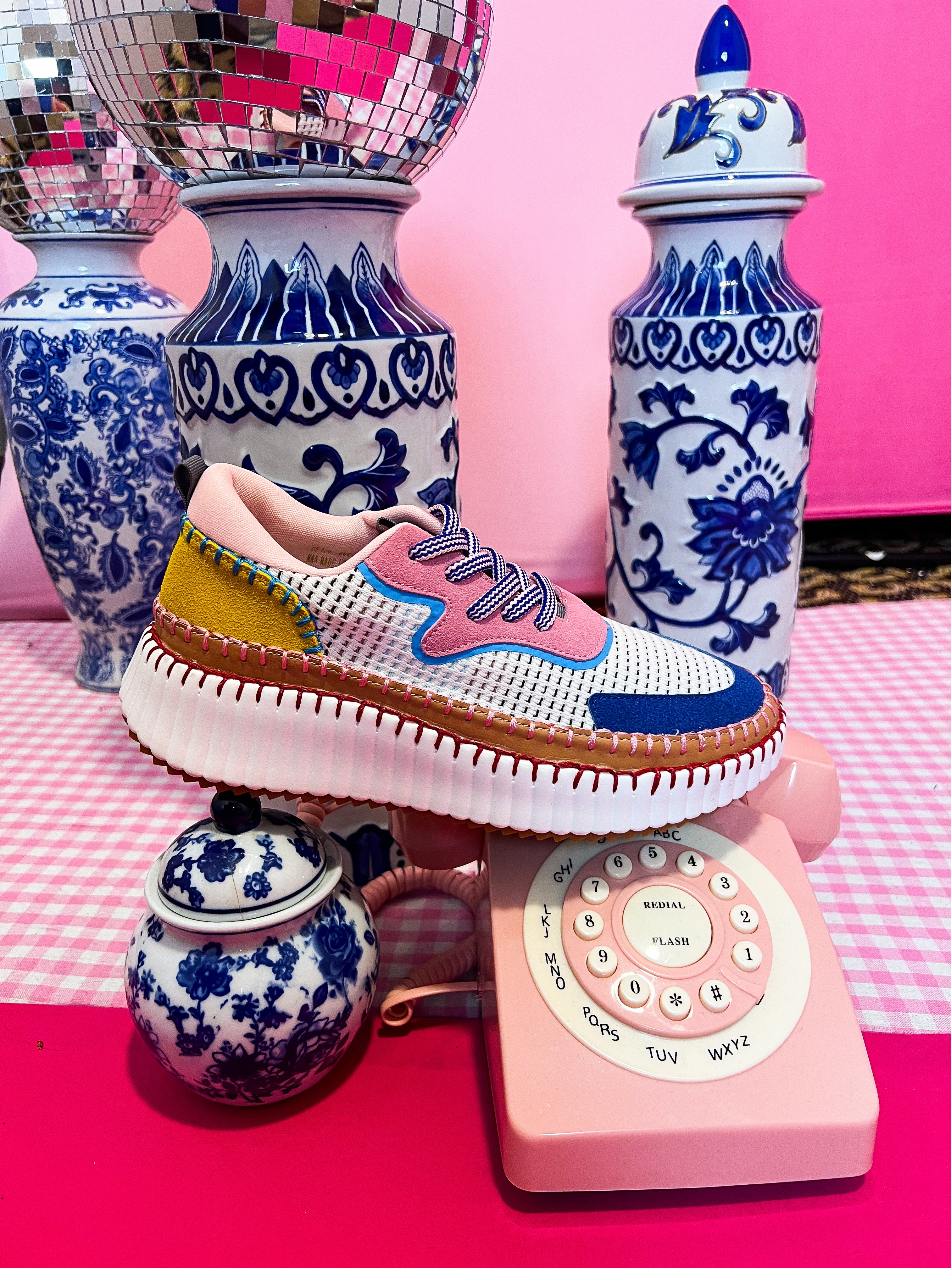 Pink/Blue Platform Woven Stitched Sneakers