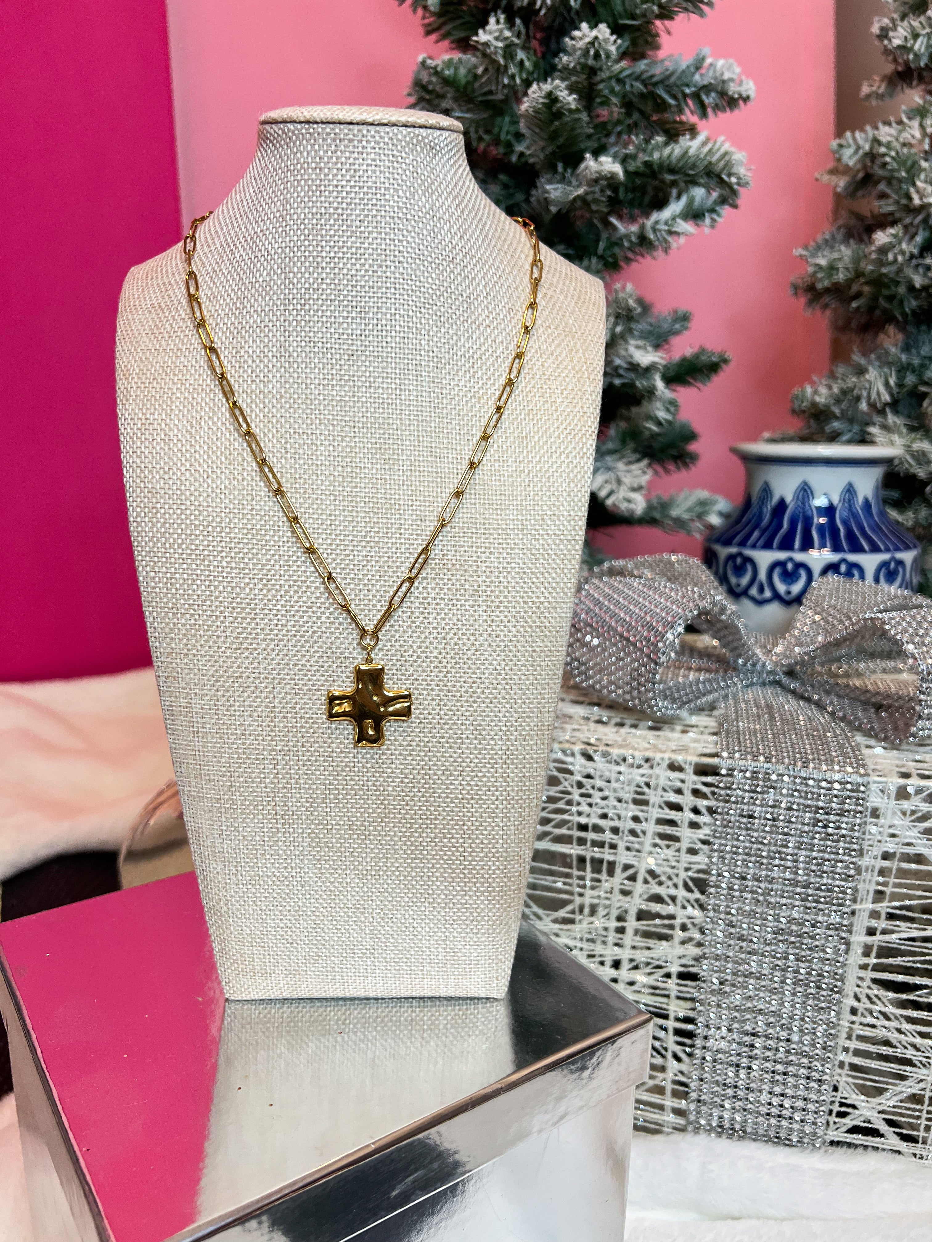 18K Stainless Steel Crushed Cross Necklace