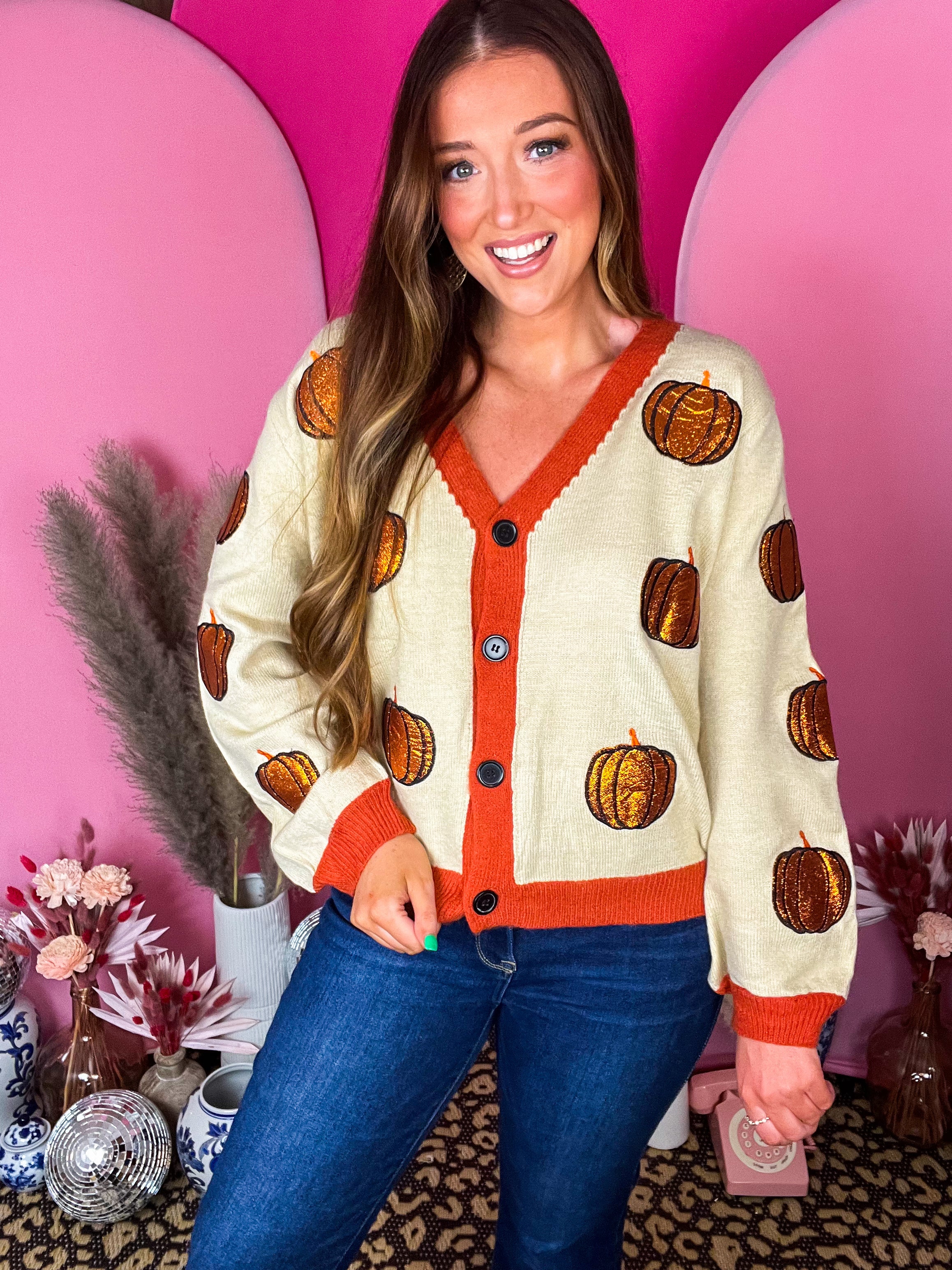 Cream Pumpkin Embroidered Cardigan