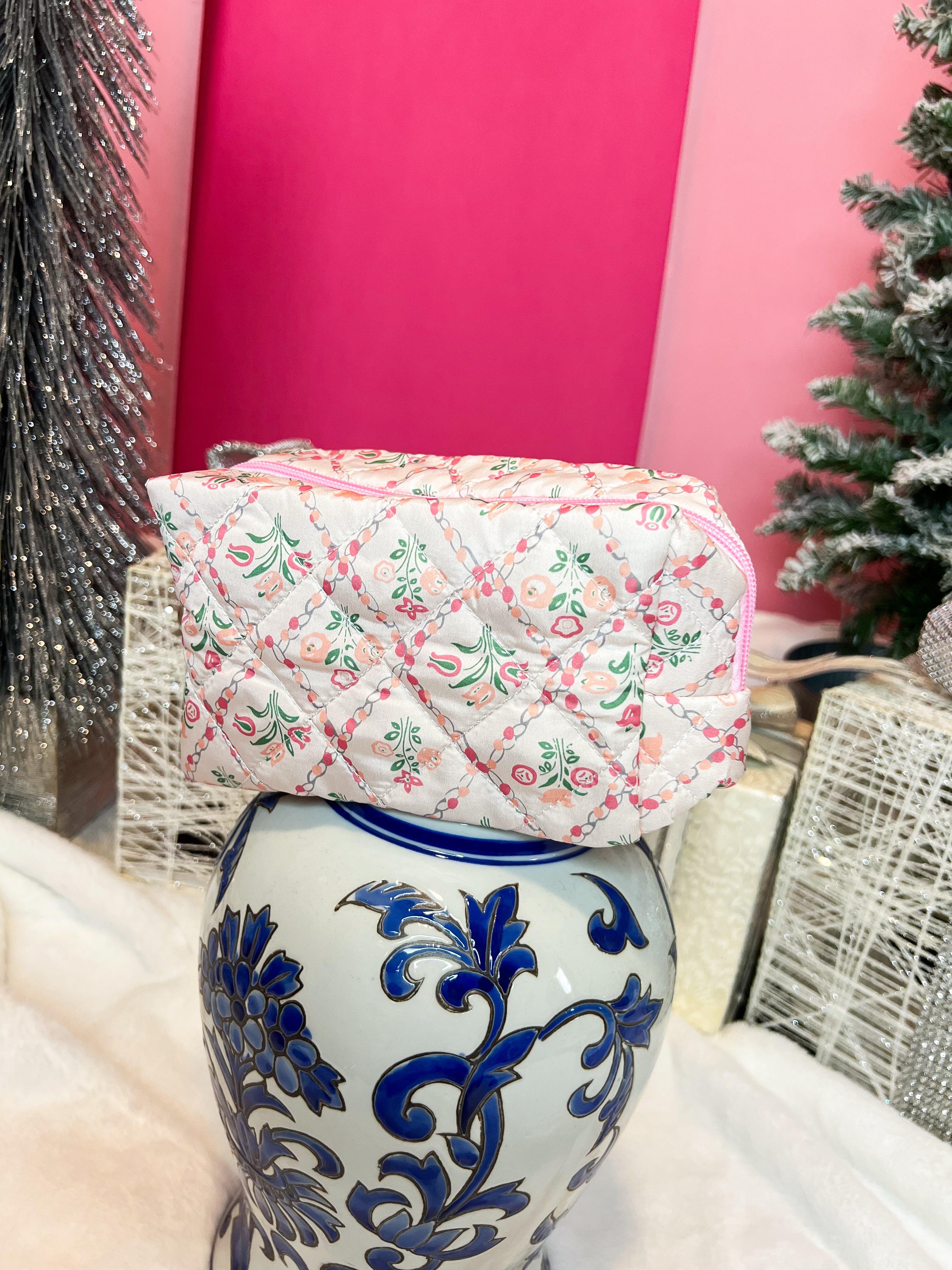 Floral Toile Makeup Quilted Pouch