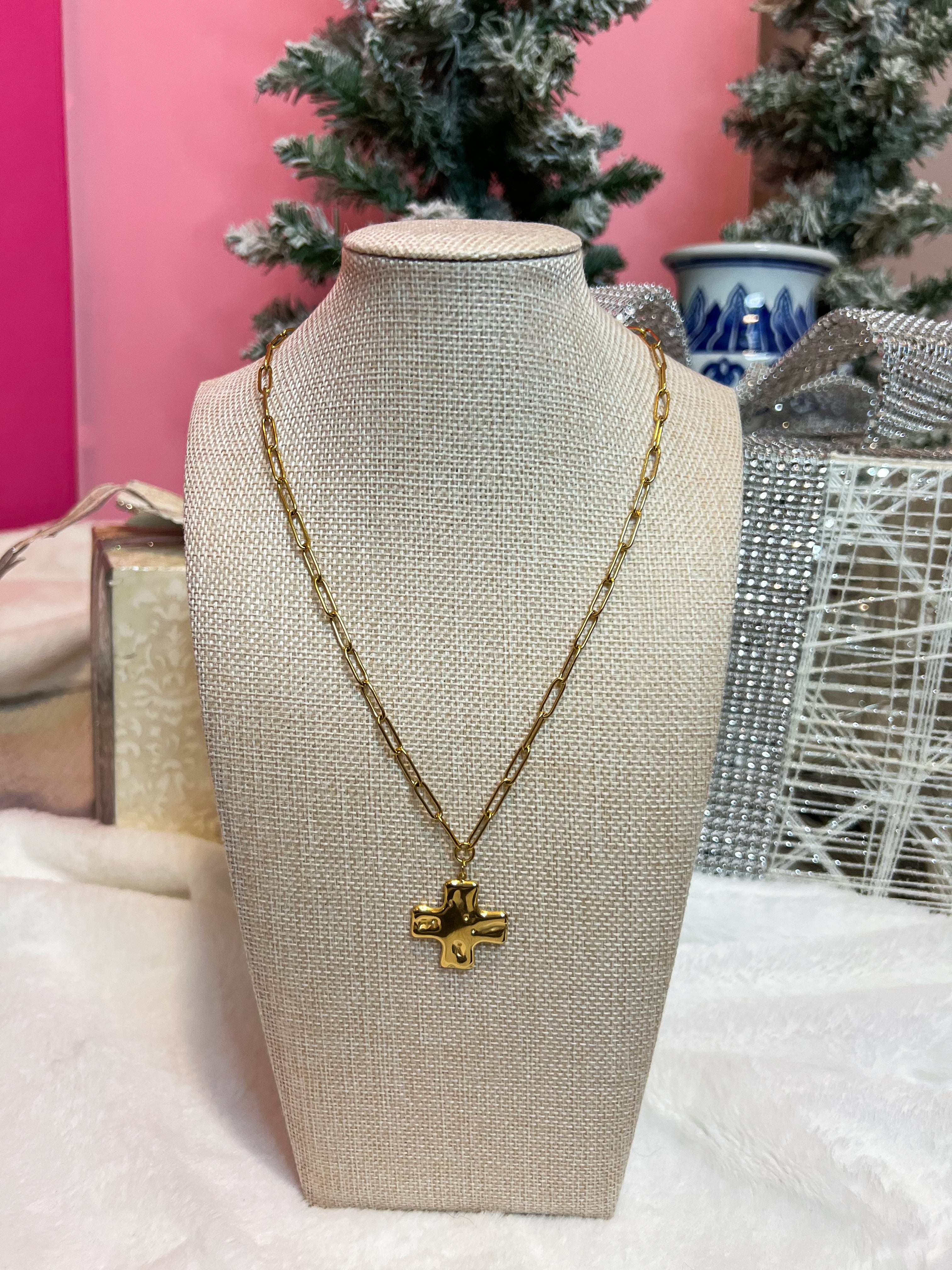 18K Stainless Steel Crushed Cross Necklace