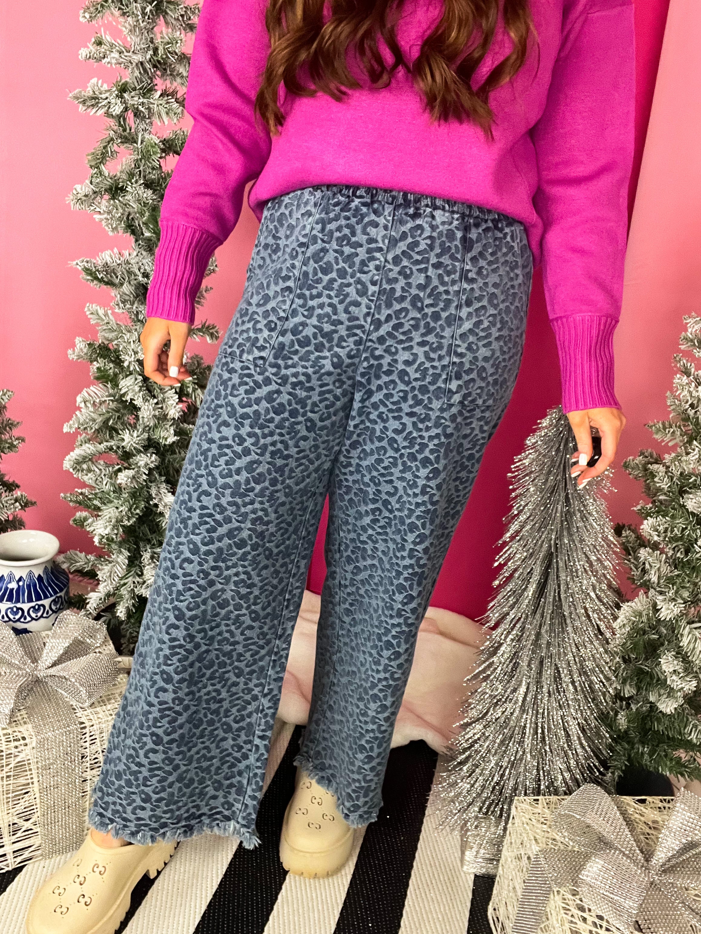 Denim Leopard Elastic Waistband Pant