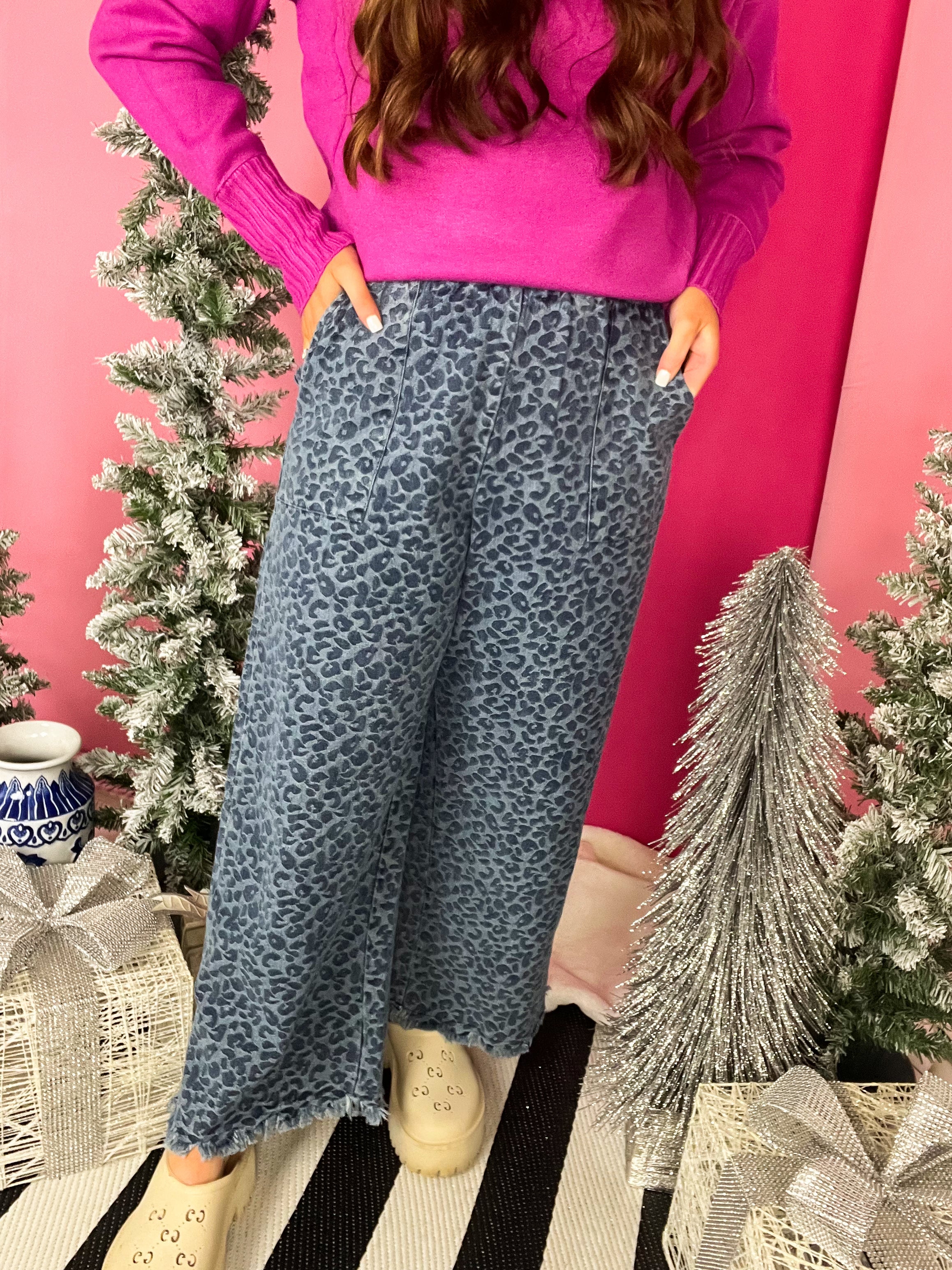 Denim Leopard Elastic Waistband Pant