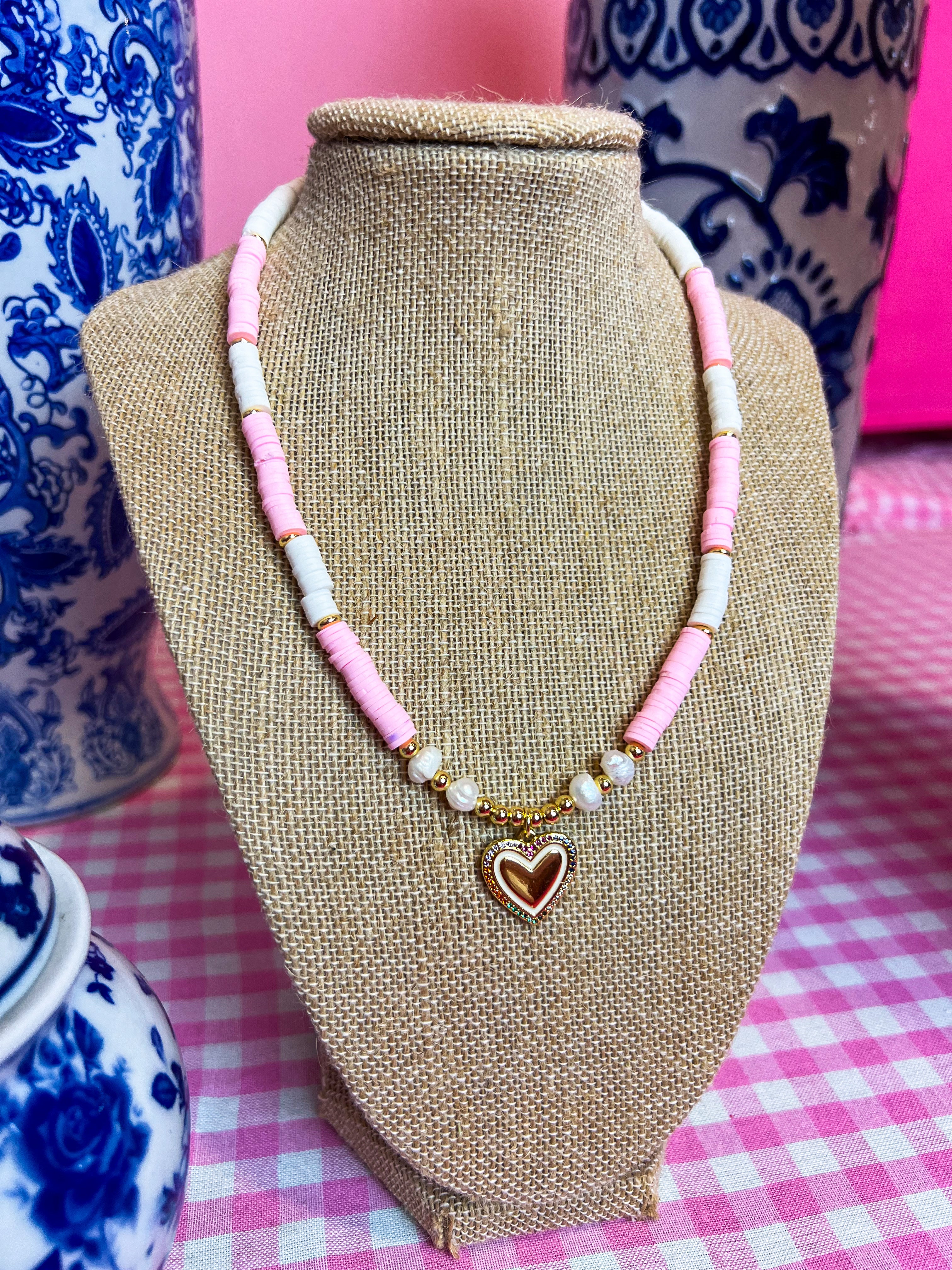 Sweet Thang Pink Heart Charm Beaded Necklace