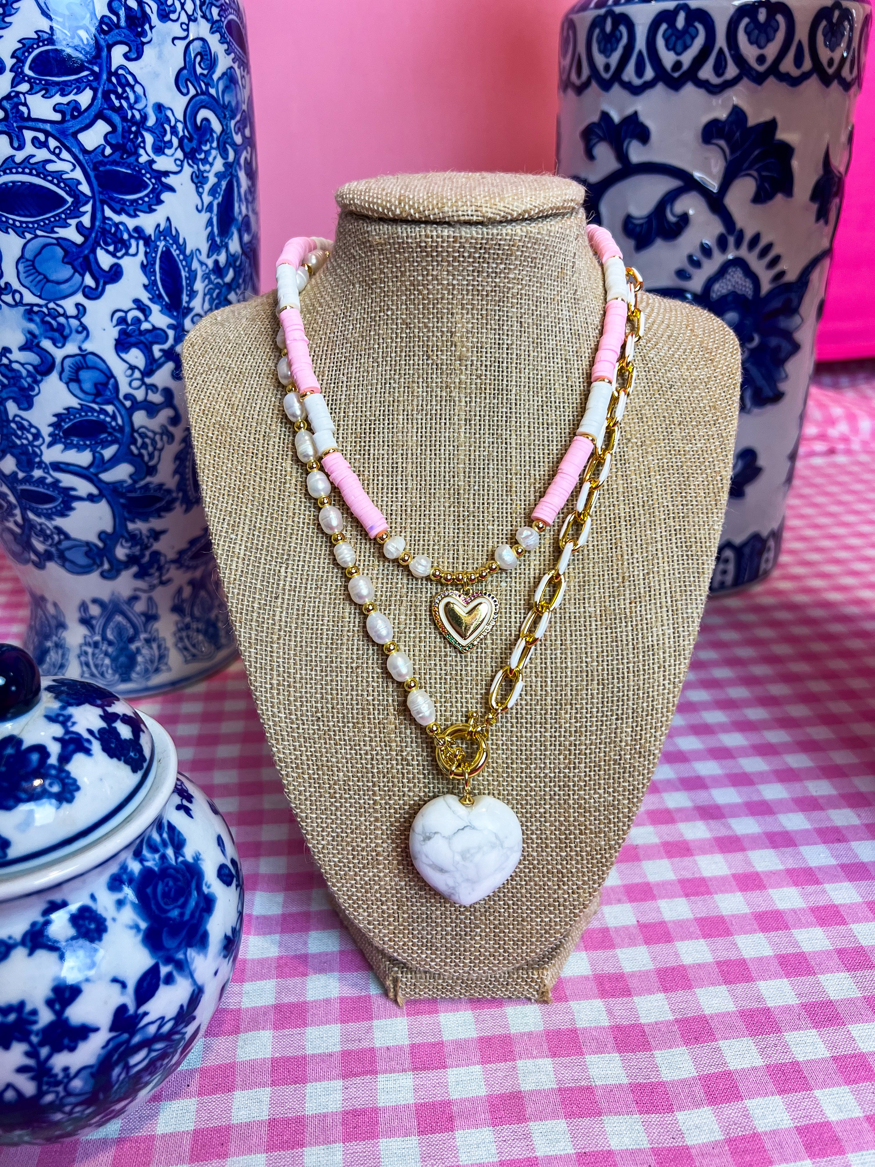 Sweet Thang Pink Heart Charm Beaded Necklace