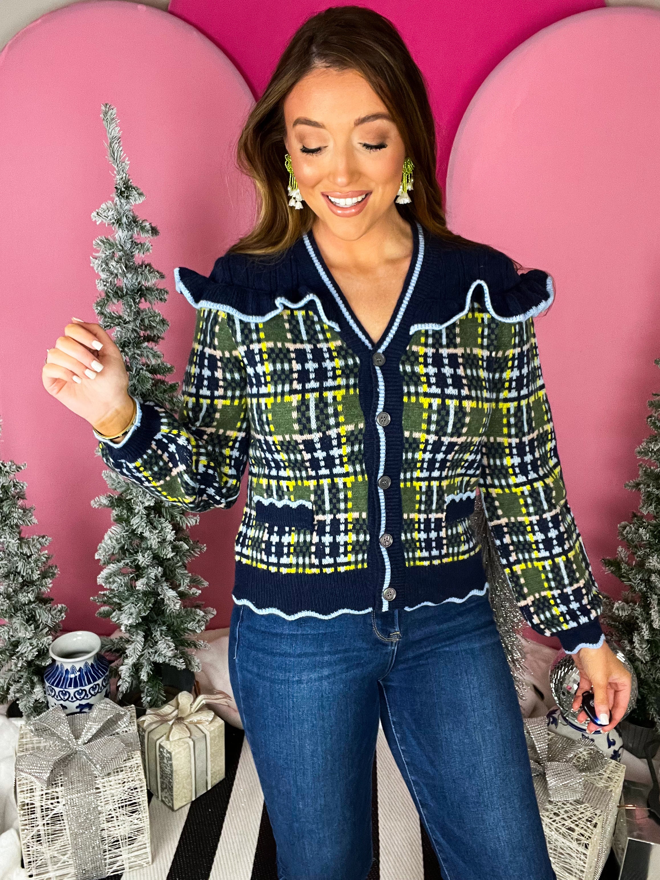 Navy Ruffle Plaid Cardigan