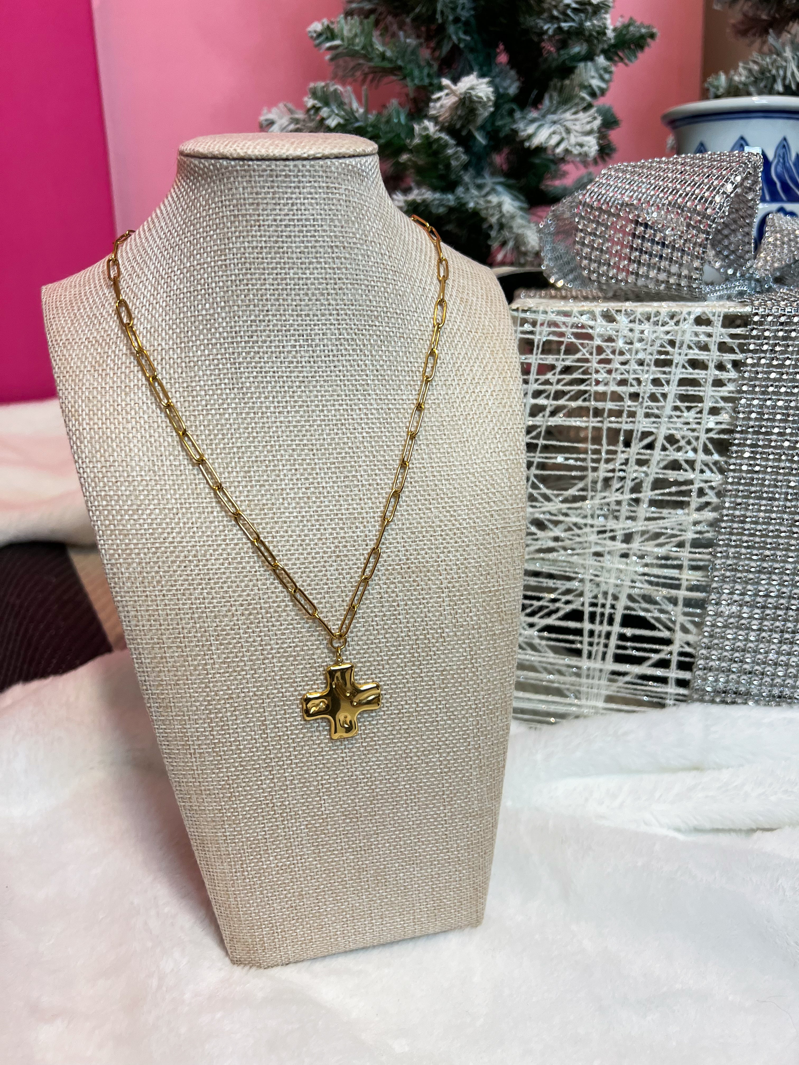 18K Stainless Steel Crushed Cross Necklace