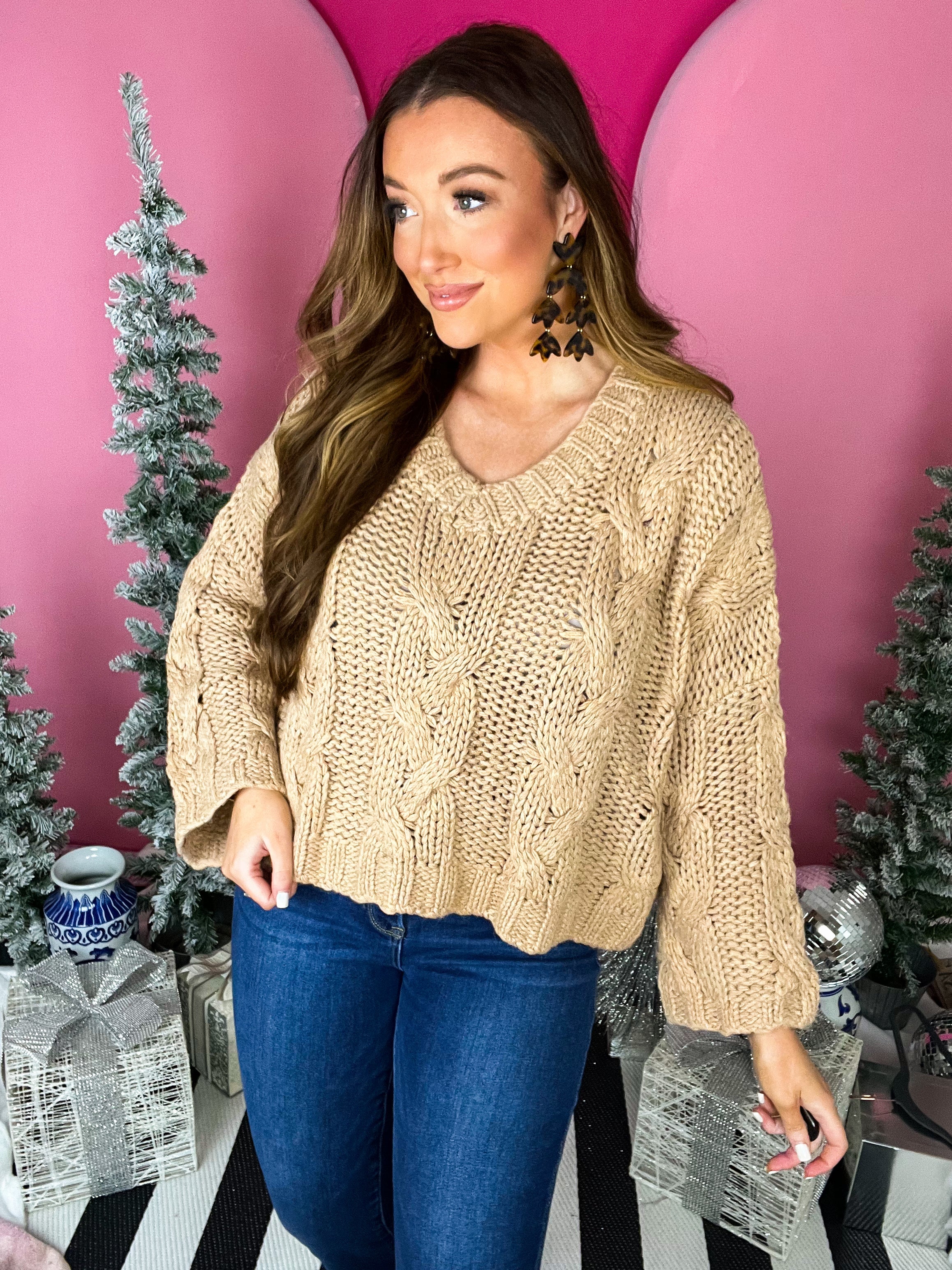 Taupe V Neck Cable Sweater