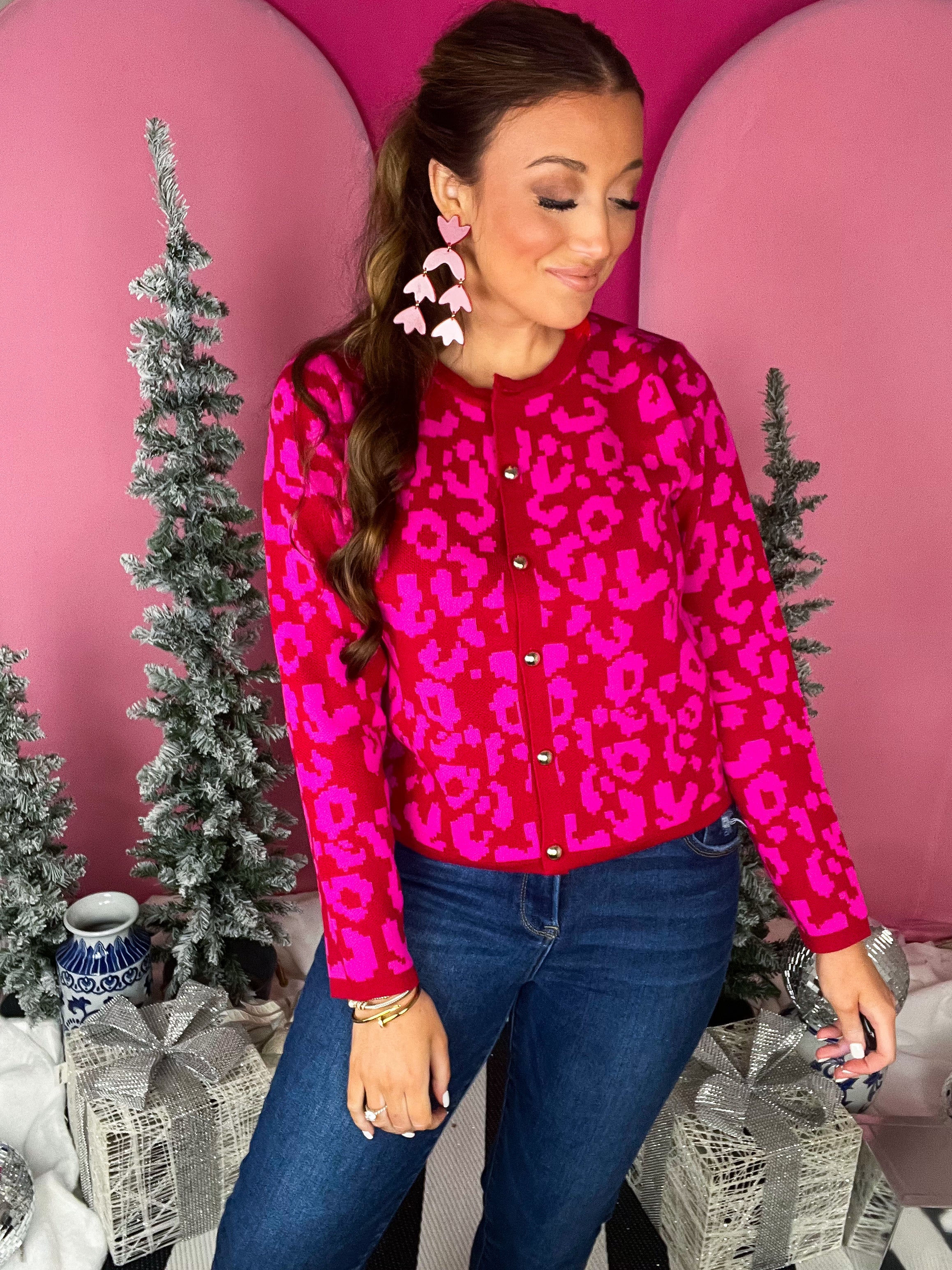 Red/Pink Leopard Button Sweater