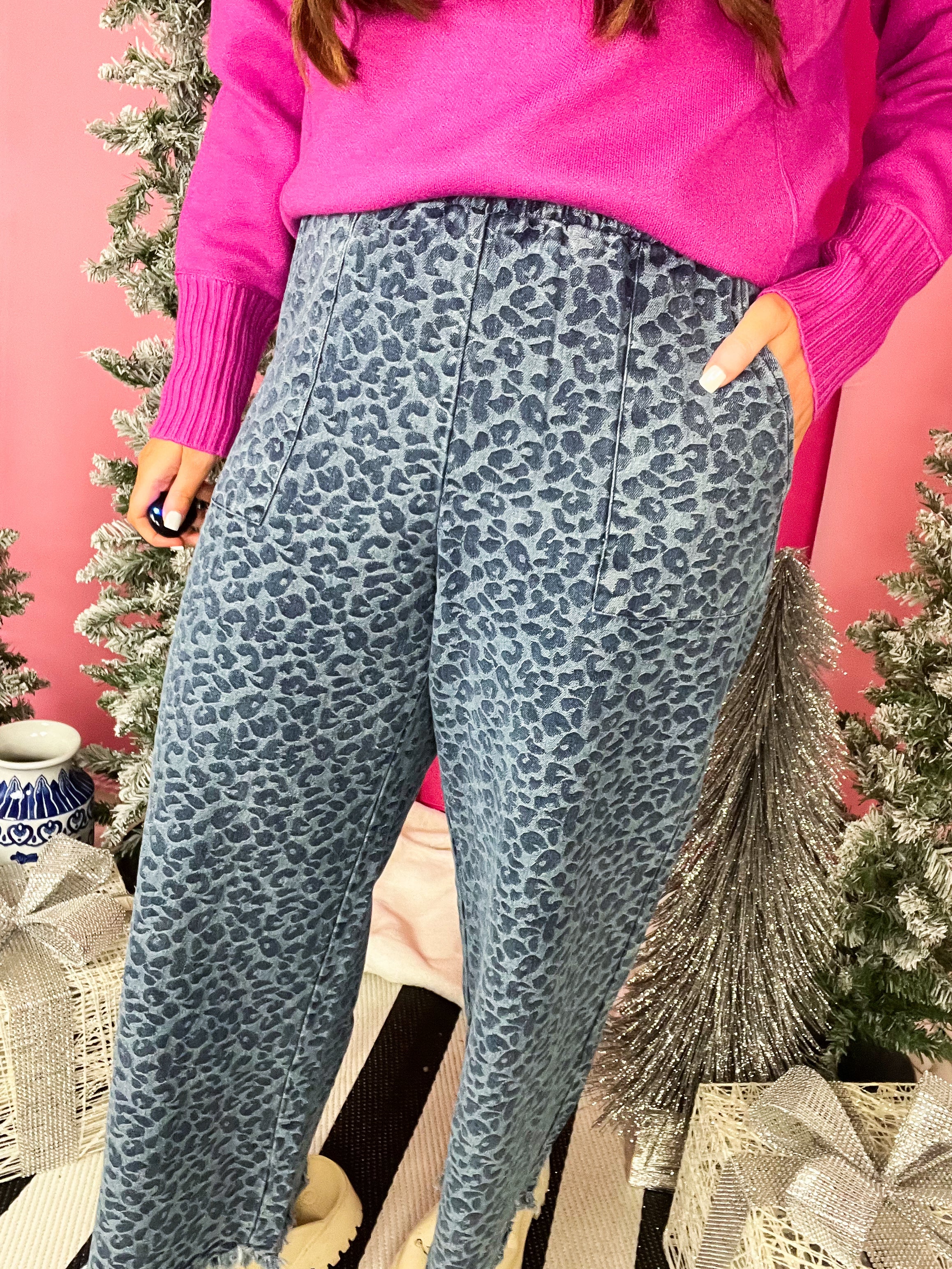 Denim Leopard Elastic Waistband Pant