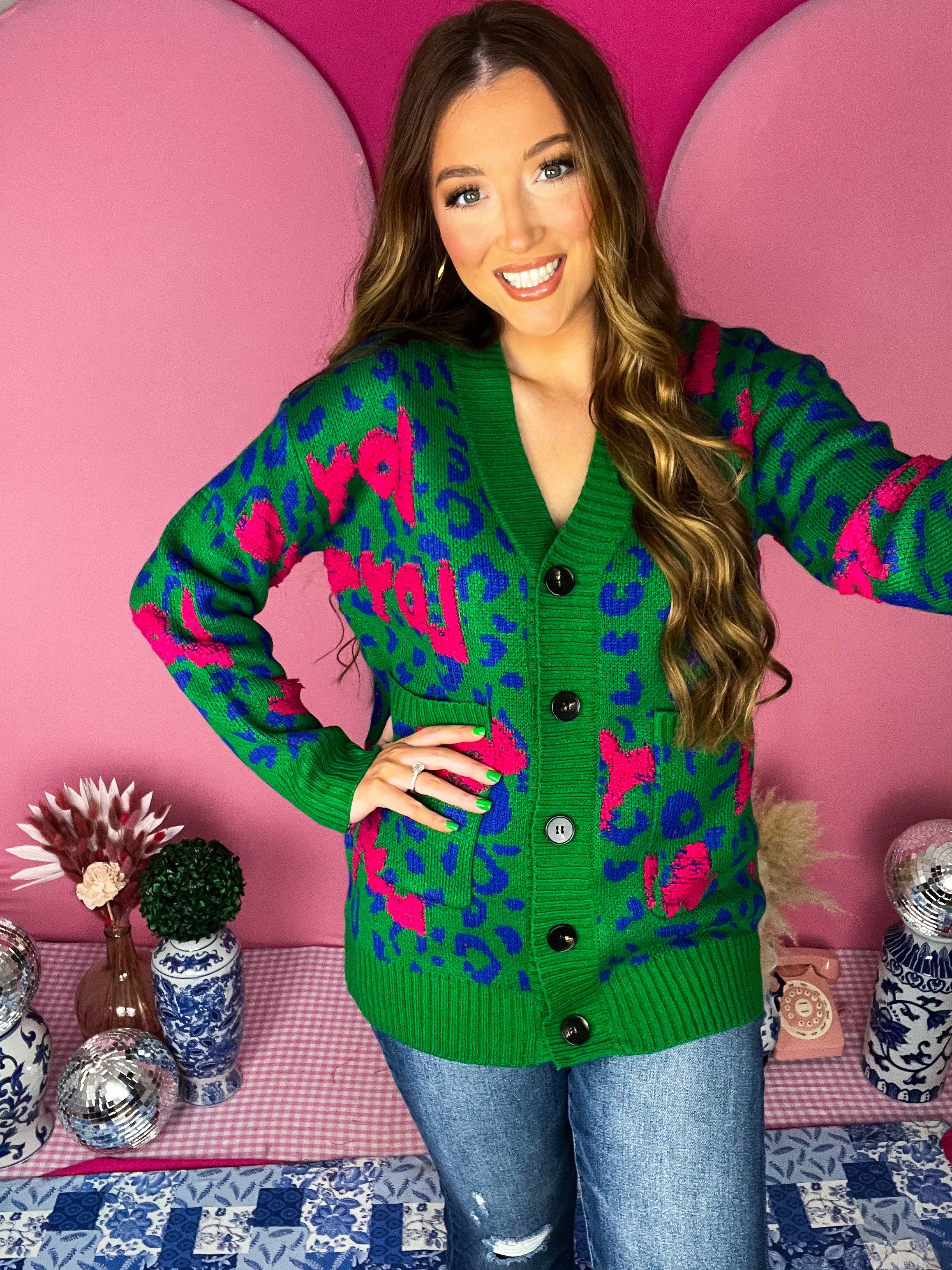 Green Leopard Jacquard Cardigan