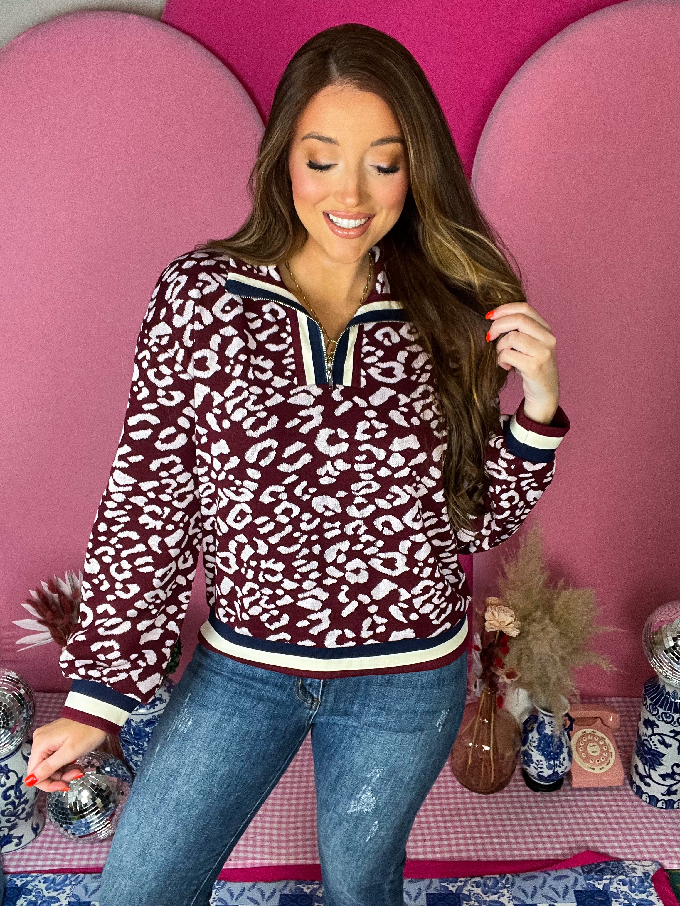 Burgundy Leopard Zip Up Pullover
