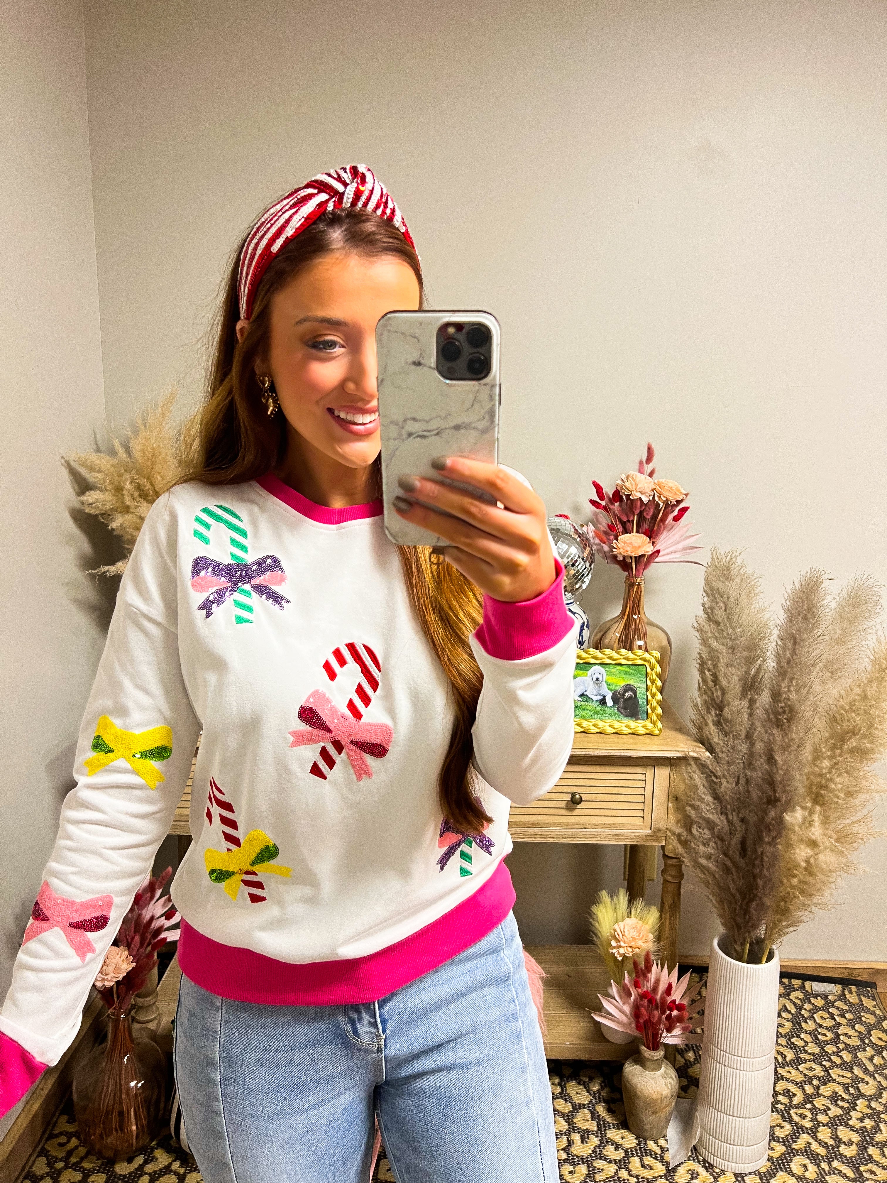 White Candy Cane Embellished Sweater