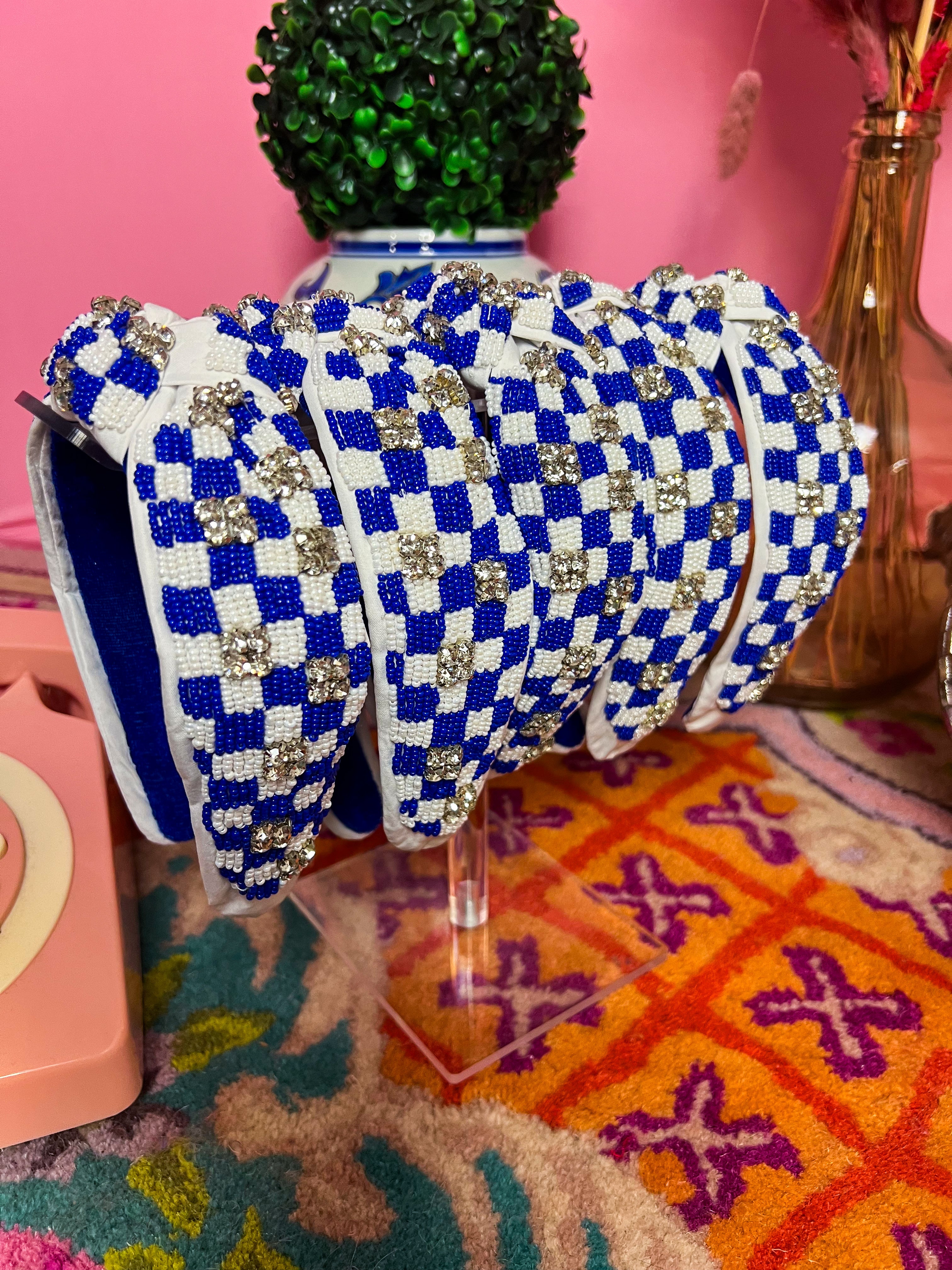 Royal & White Checkered Crystal Embellished Headband