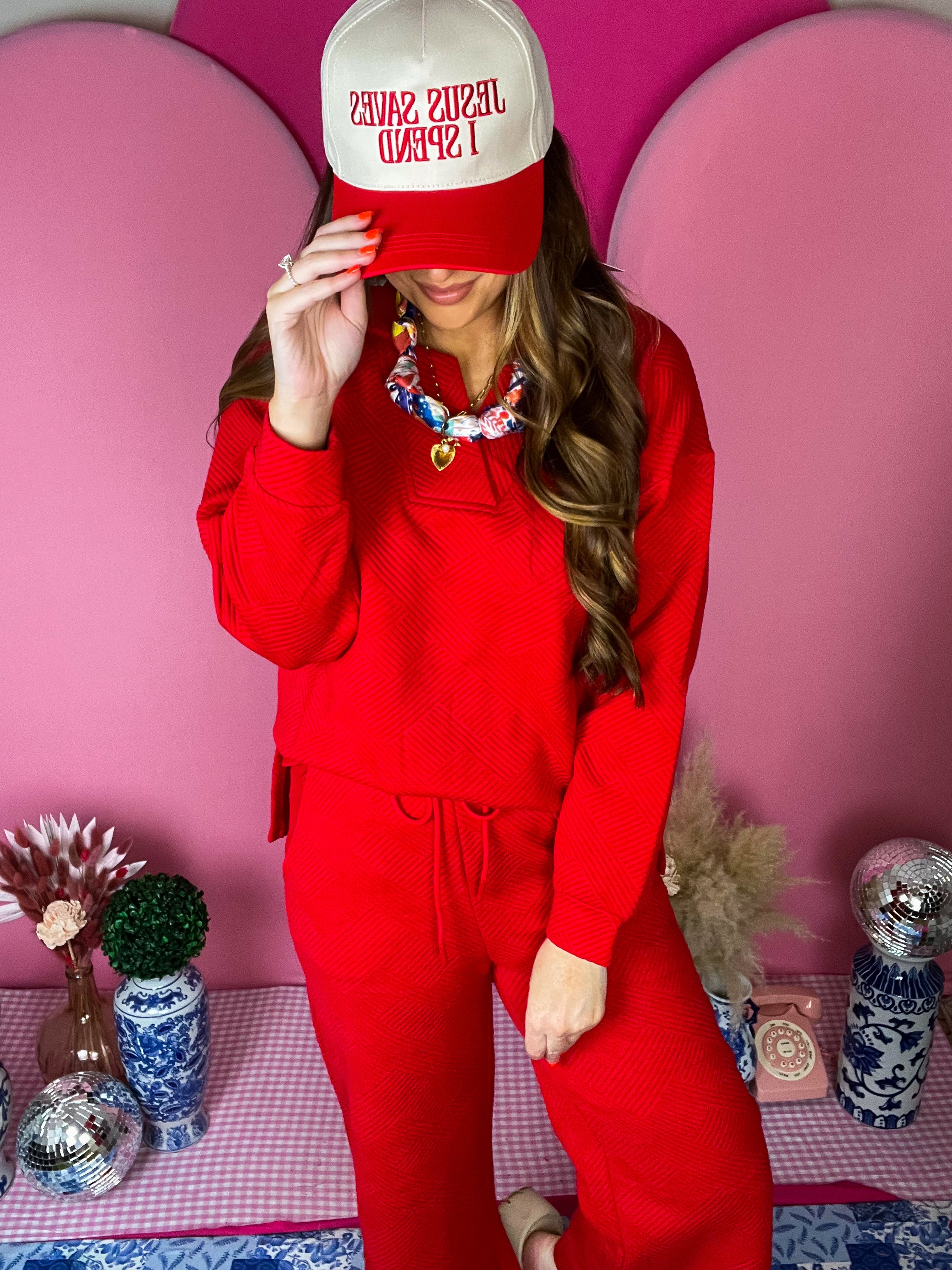 Red Texture Wide Cropped Pants