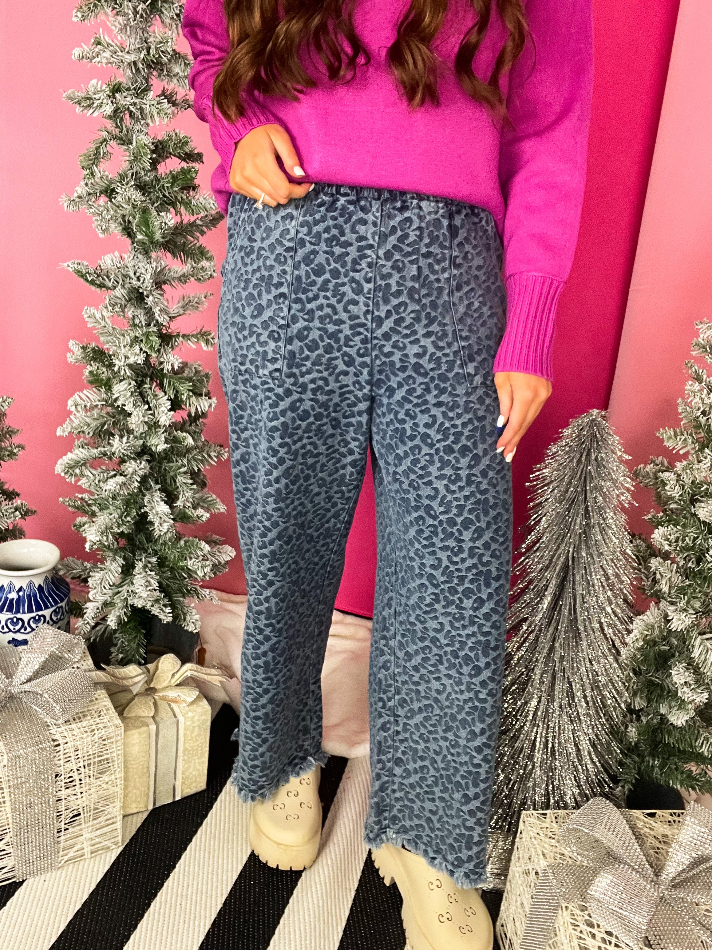 Denim Leopard Elastic Waistband Pant