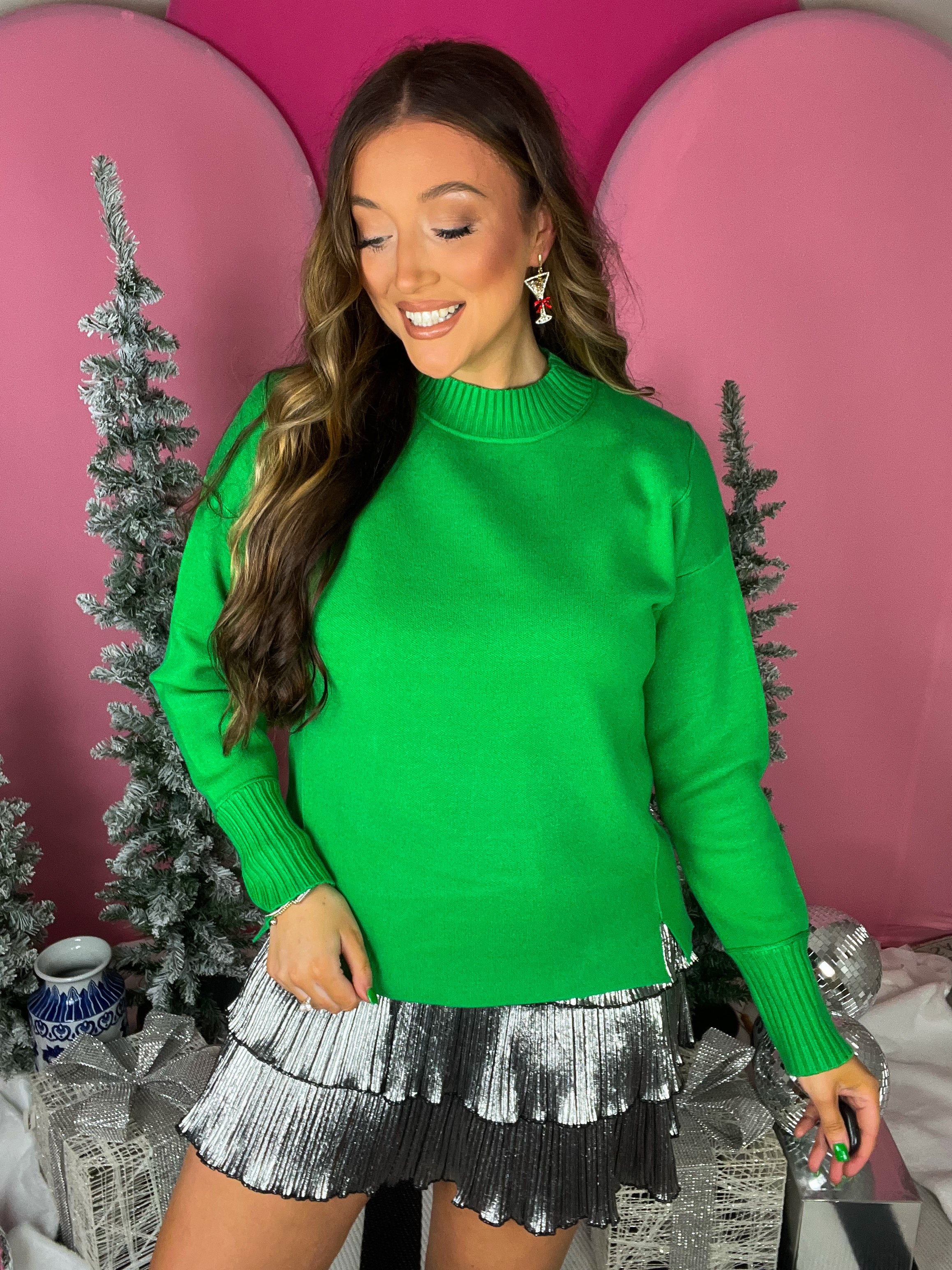 Green Mock Neck Pullover Sweater
