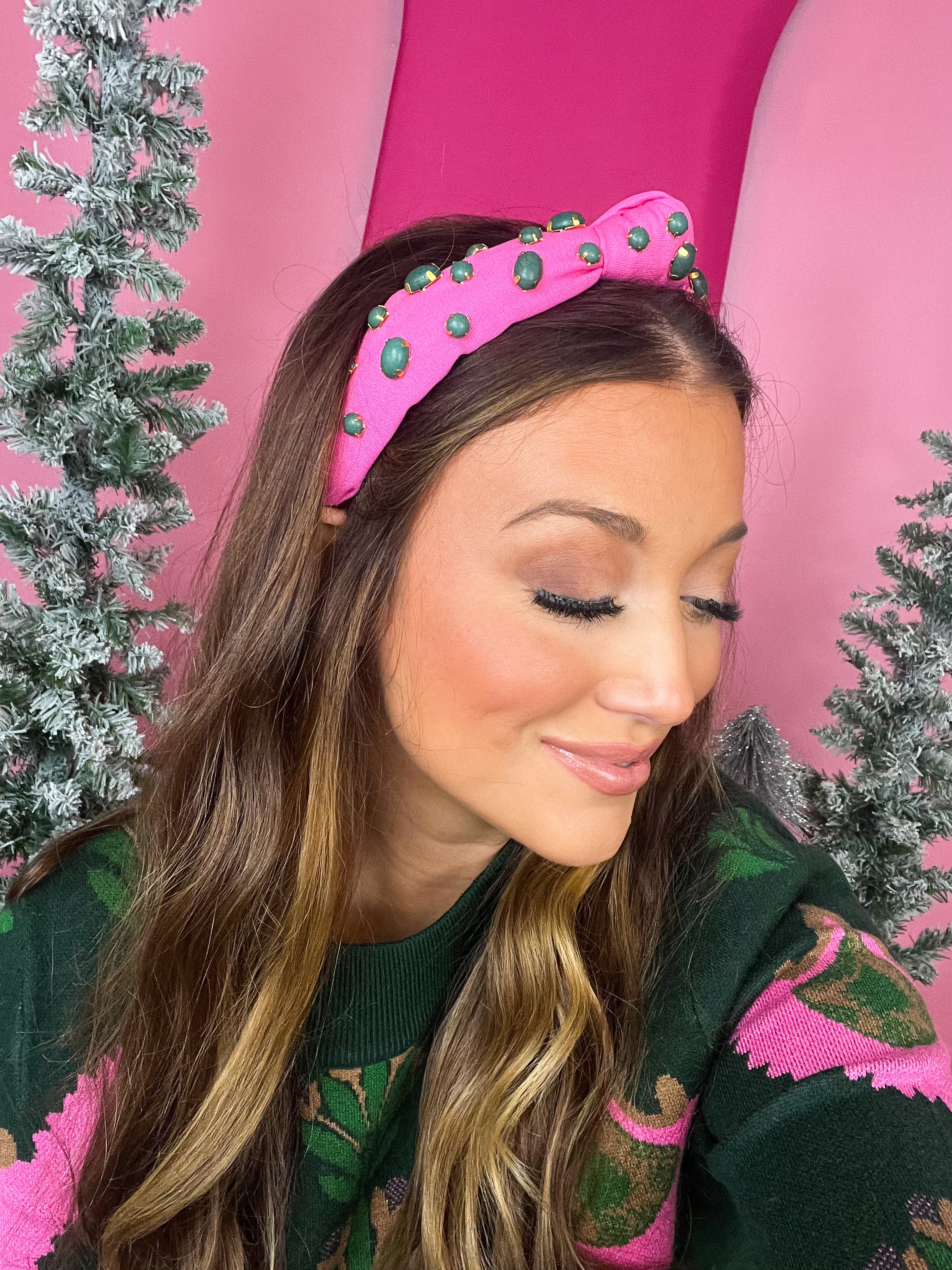 Bubblegum with Green Stone Slim Hello Eddie Headband