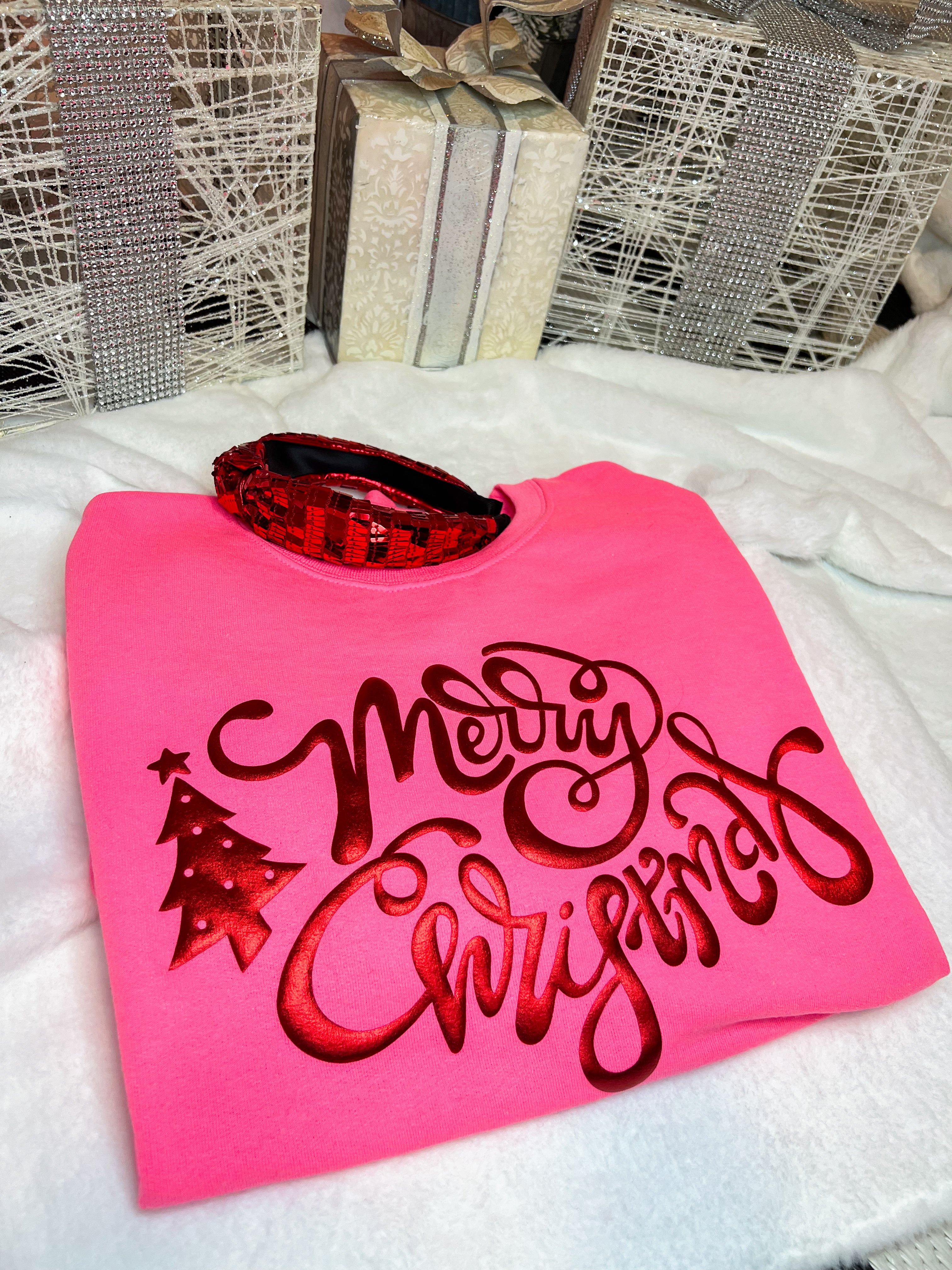 Pink Merry Christmas Metallic Puff Graphic Sweatshirt