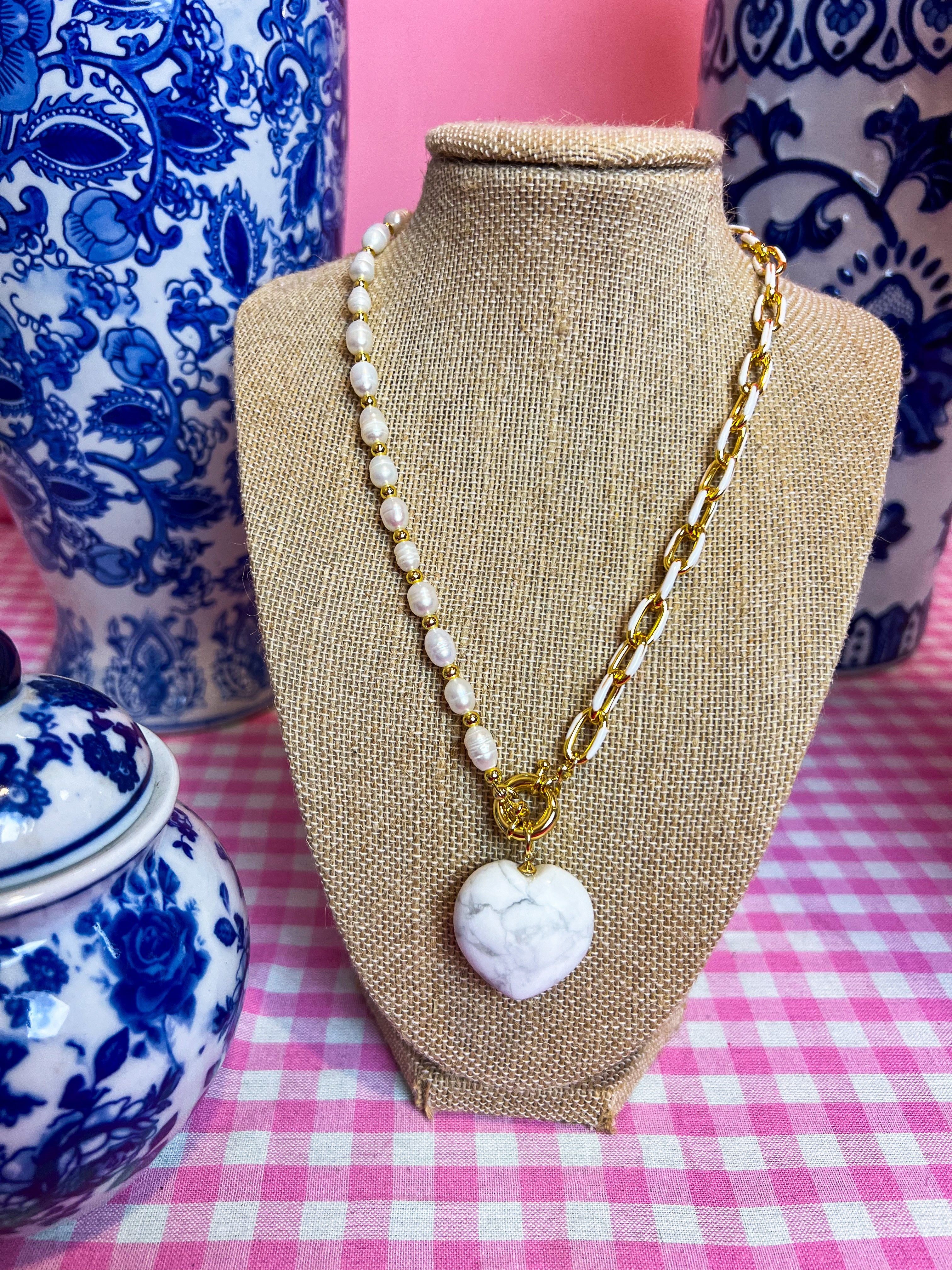 White Clay Marble Enamel Heart Necklace