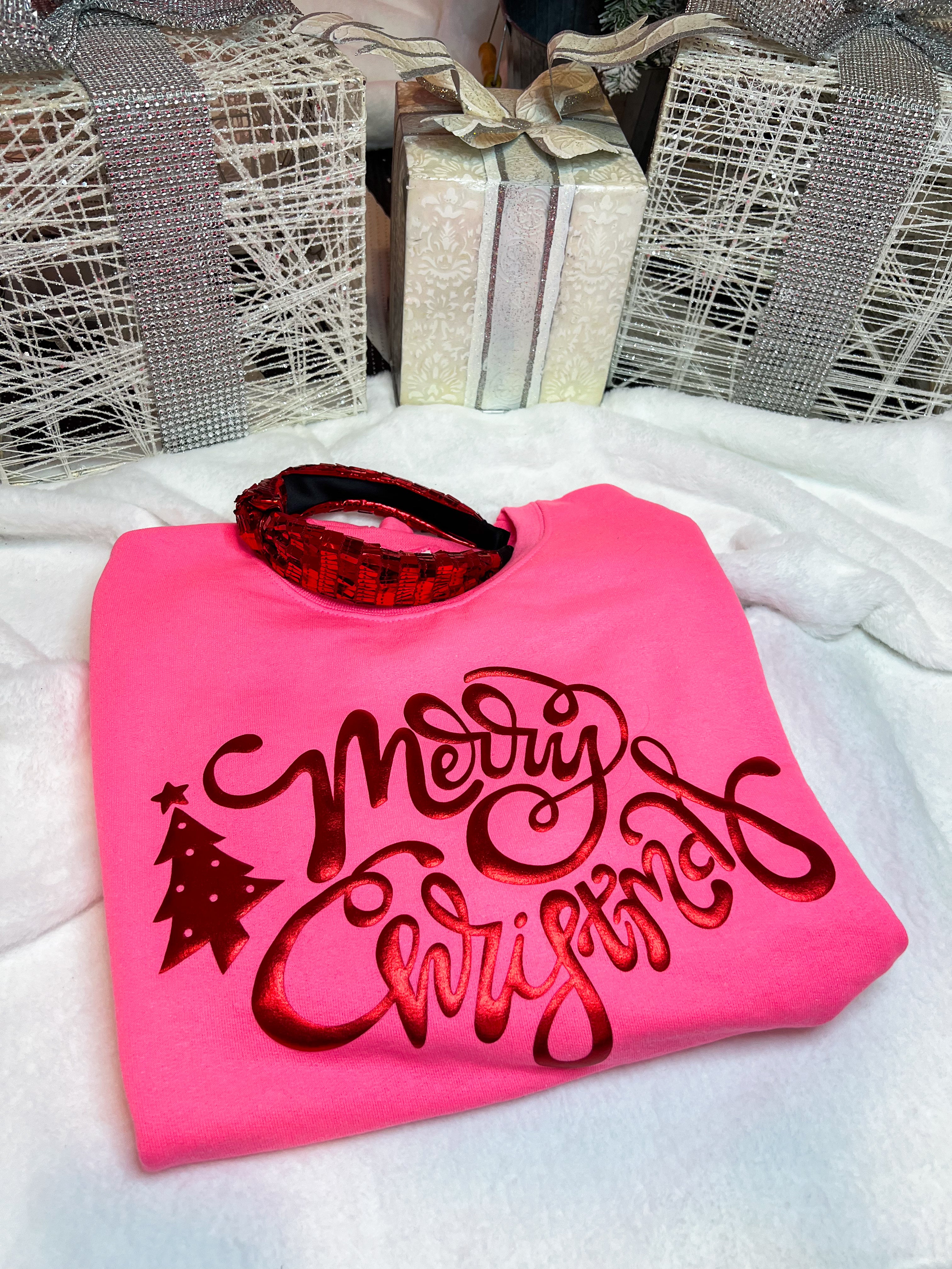 Pink Merry Christmas Metallic Puff Graphic Sweatshirt