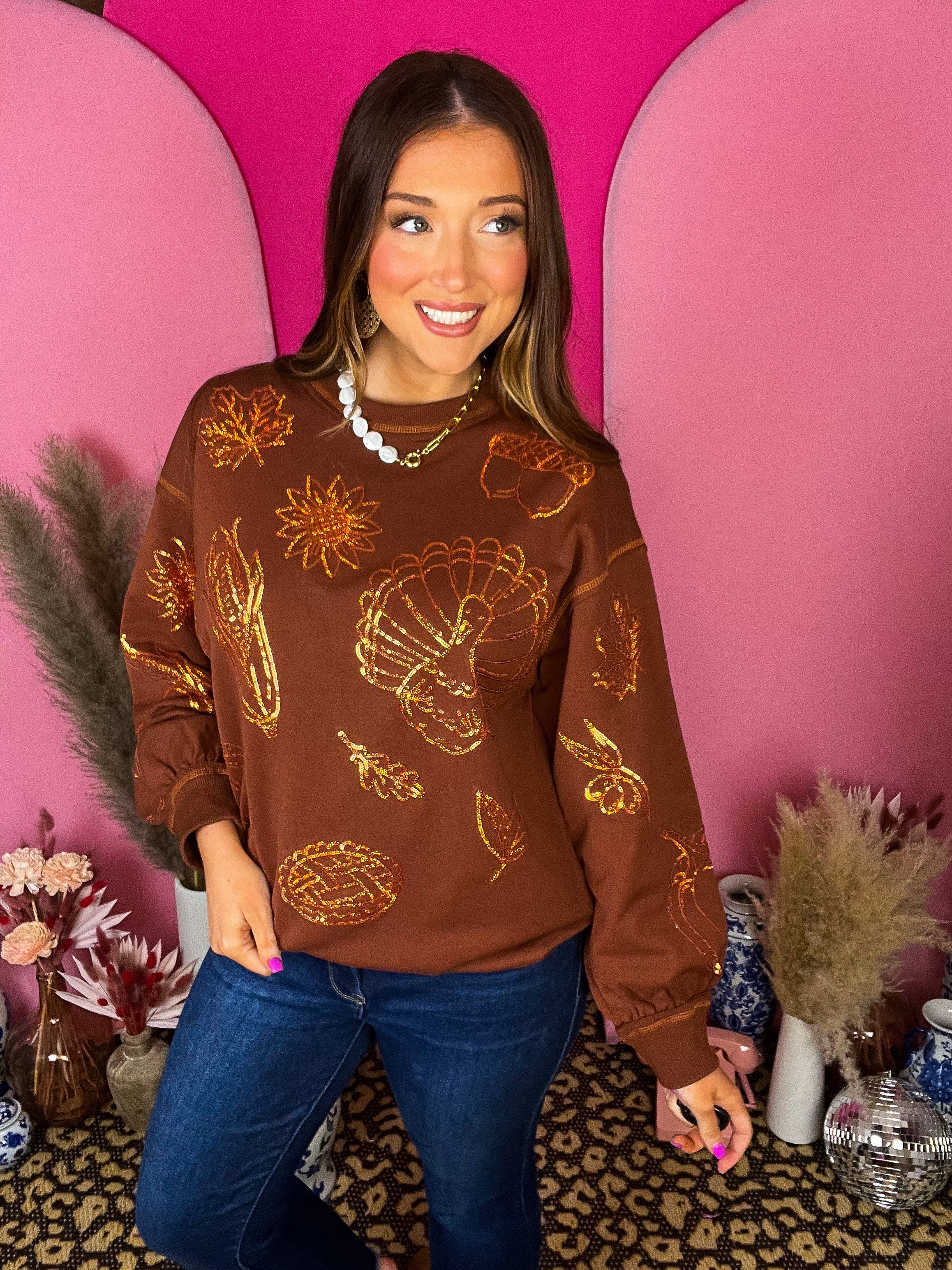 Brown Sweatshirt Turkey Fall Sequin Embroidered