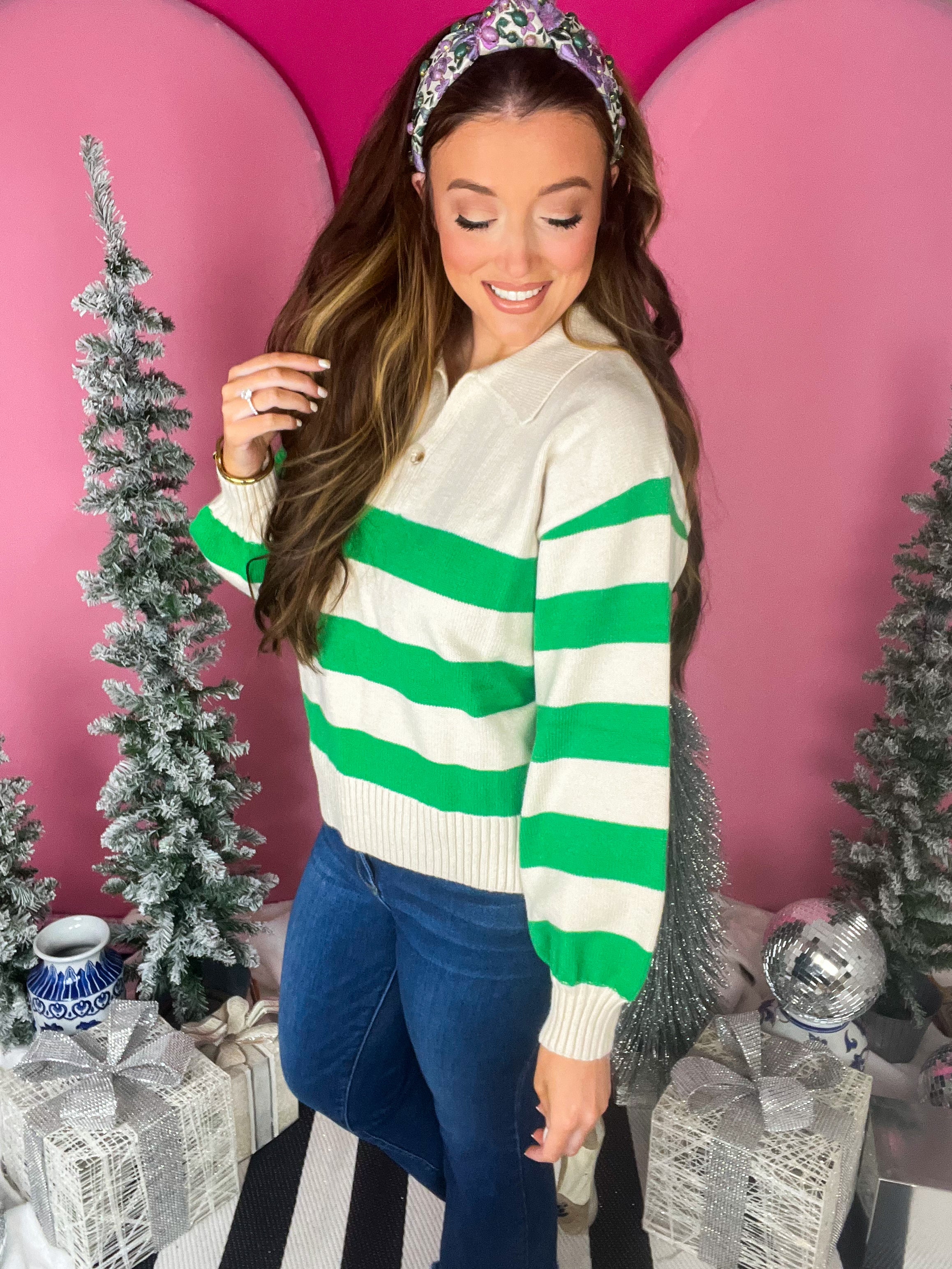 Green Striped Collared Sweater