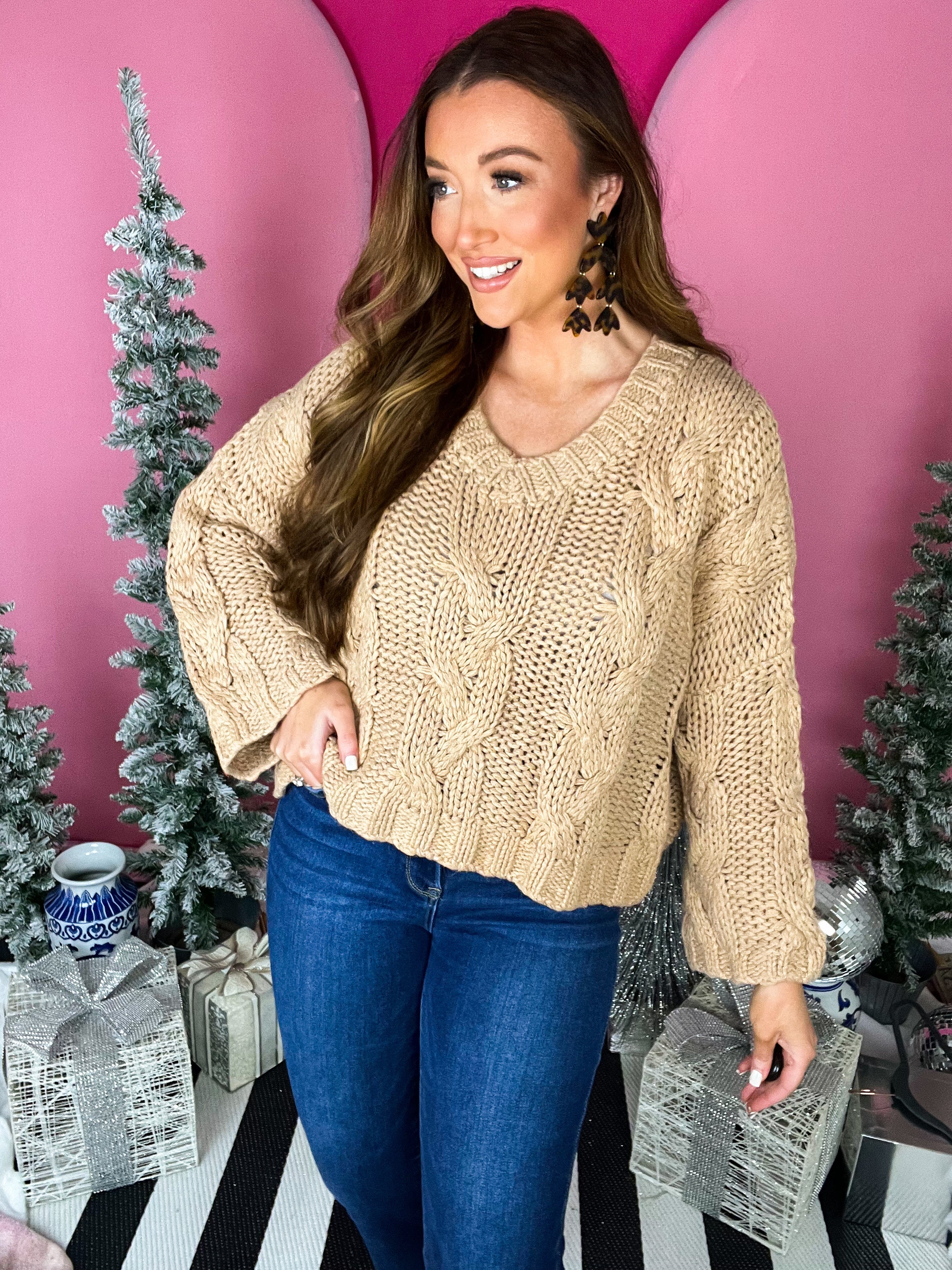 Taupe V Neck Cable Sweater