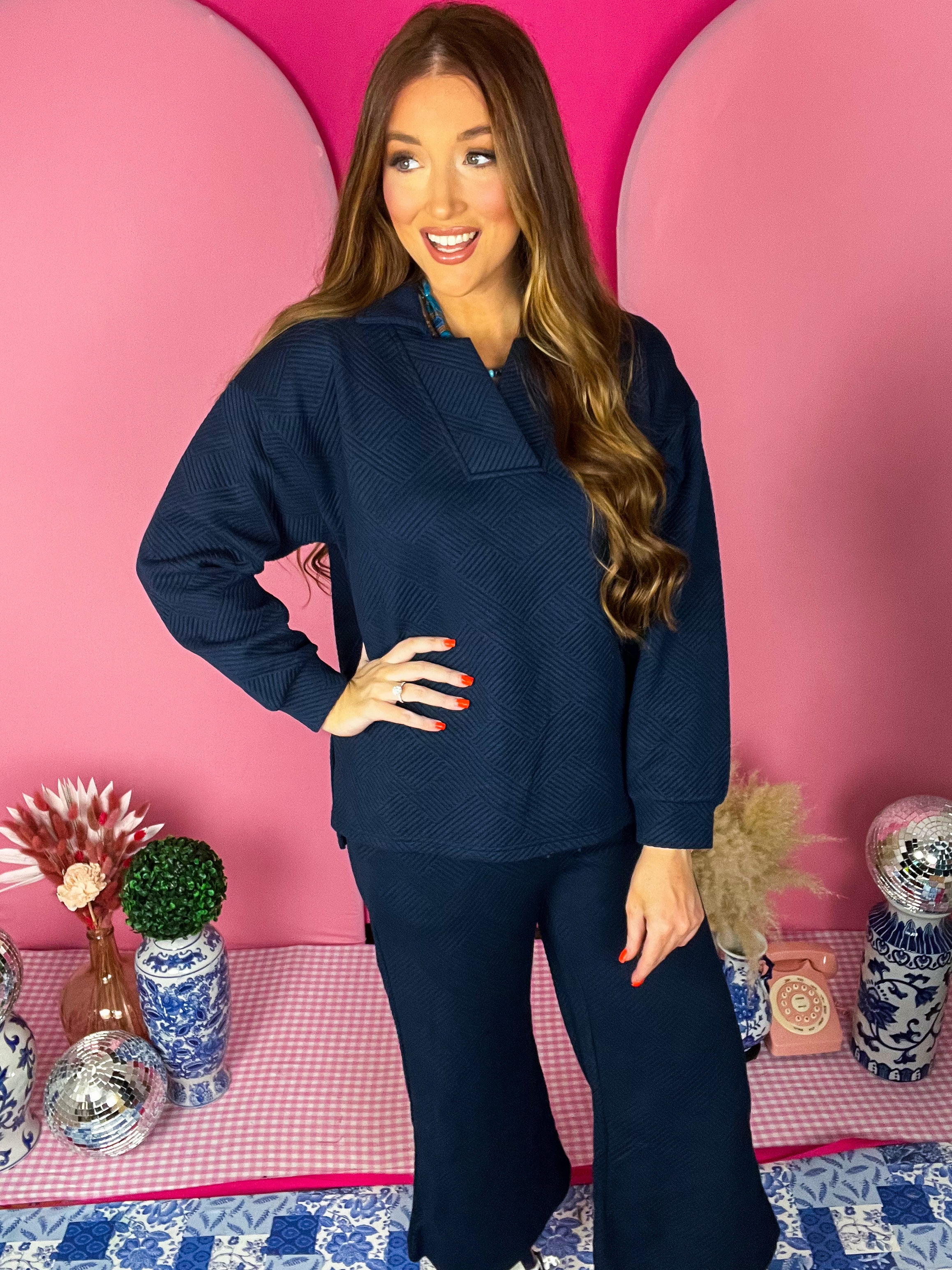 Navy Collared Texture Top