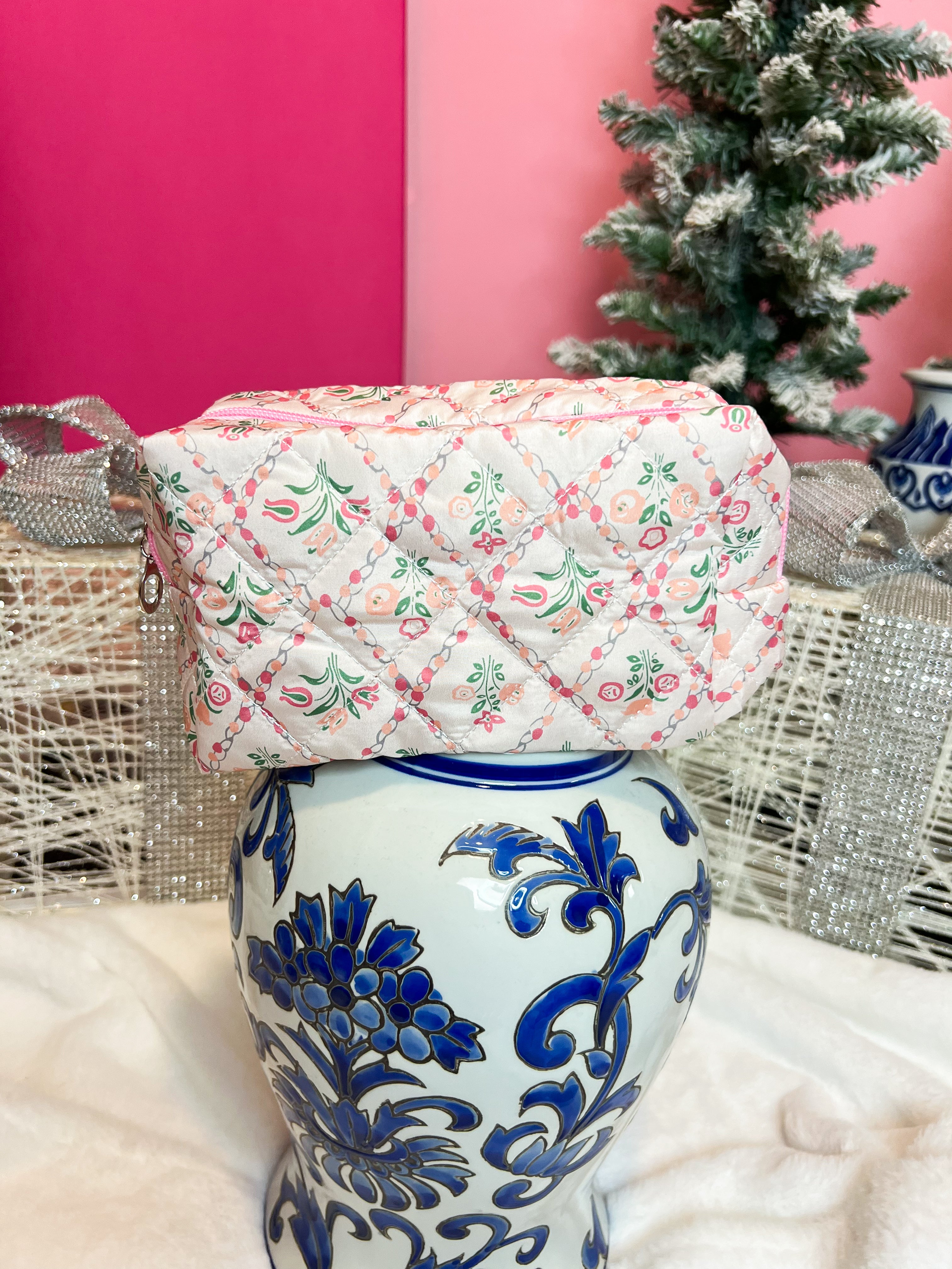 Floral Toile Makeup Quilted Pouch