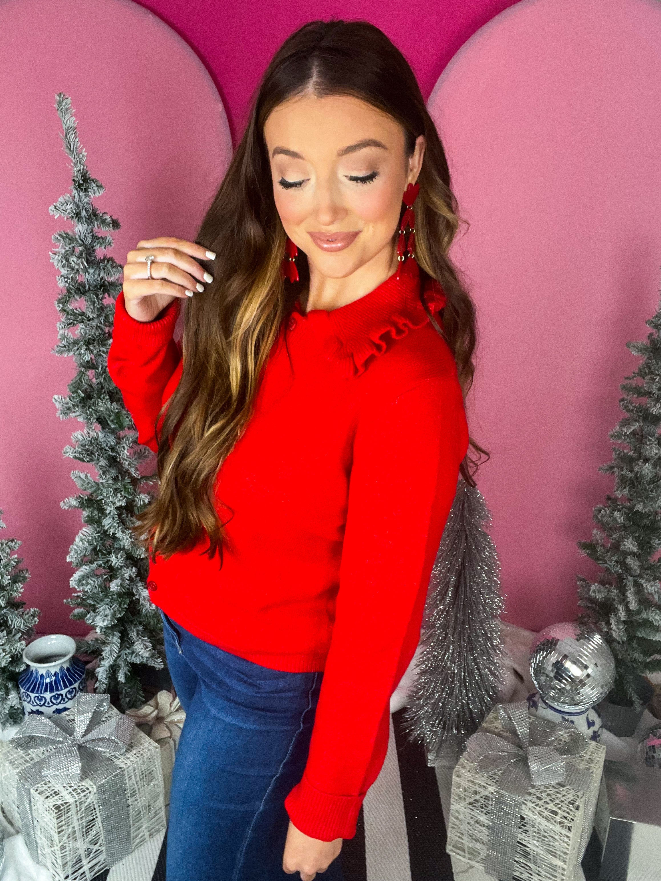 Red Acrylic Ruffle Cardigan Sweater