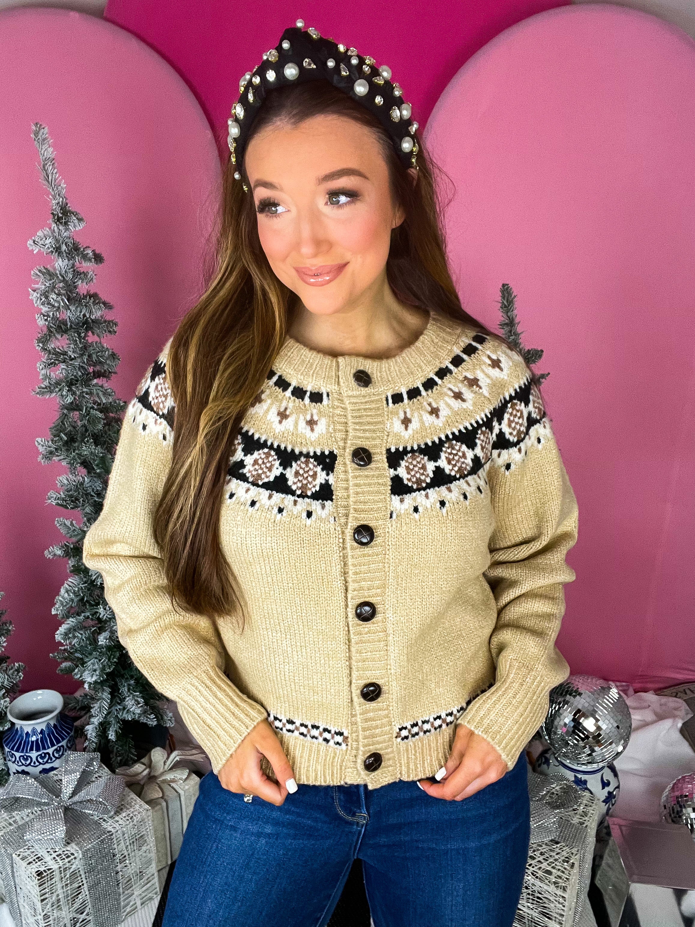 Beige Fair Isle Pattern Cardigan