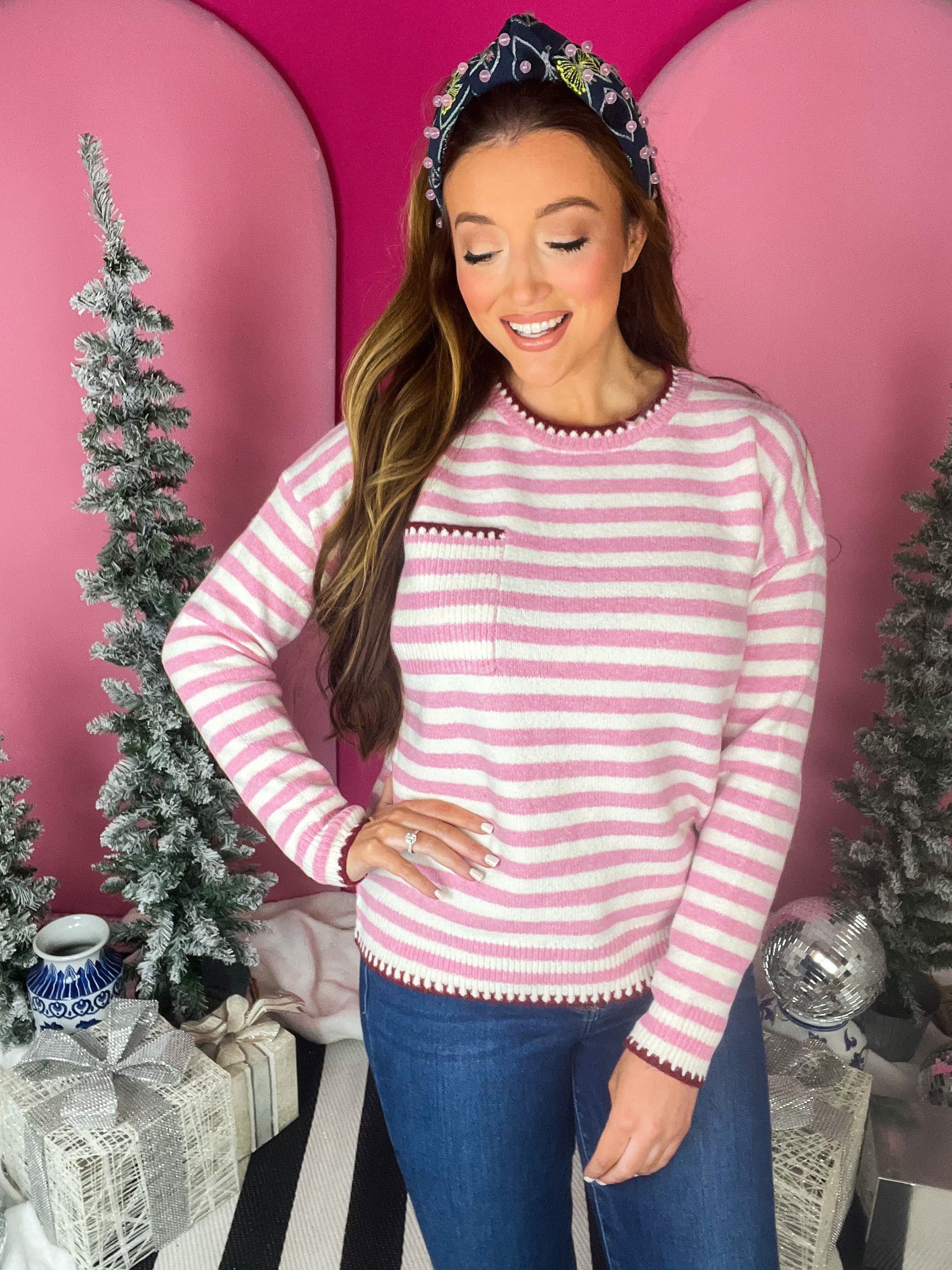 Pink Blanket Stitch Striped Sweater