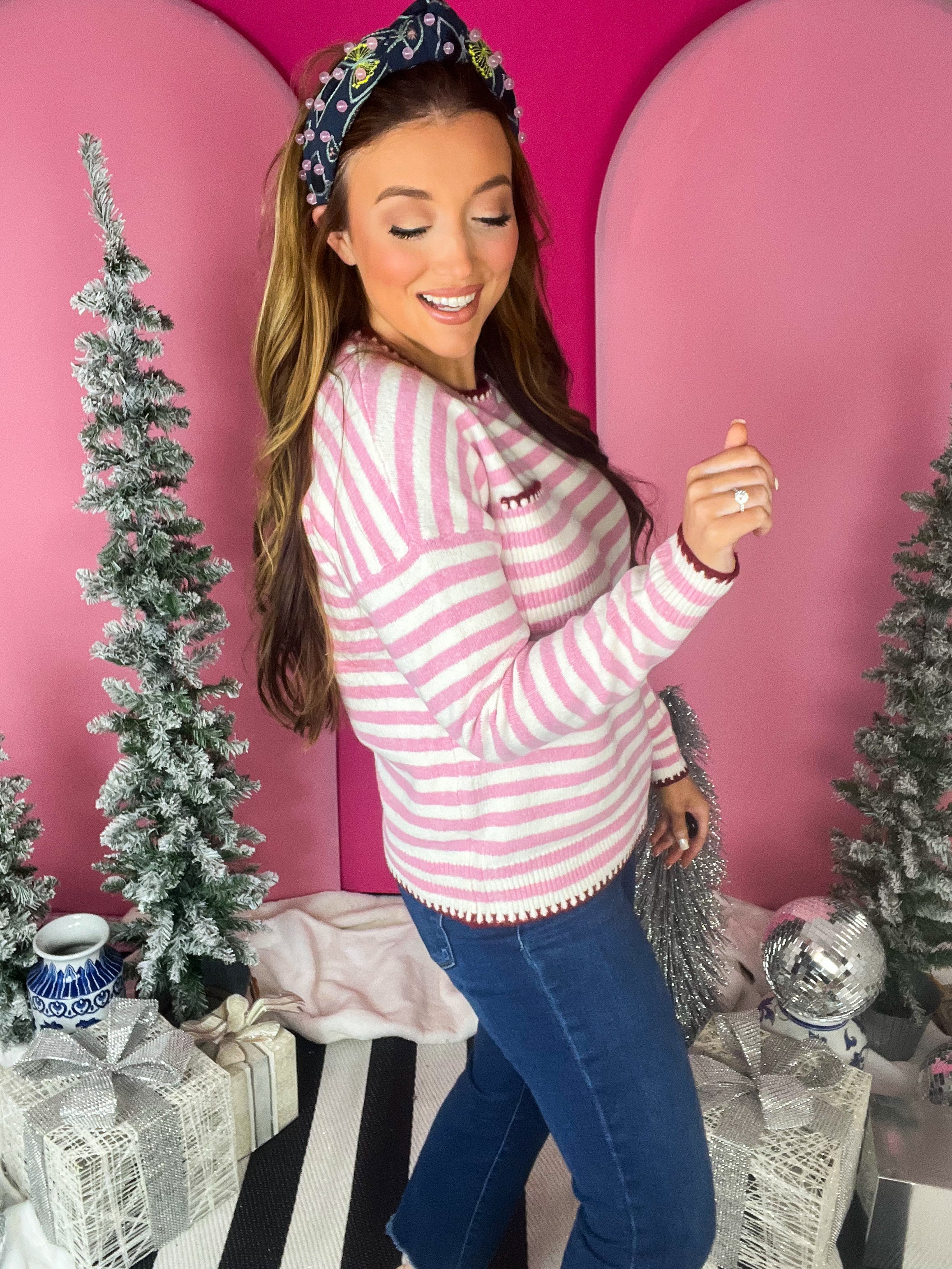 Pink Blanket Stitch Striped Sweater