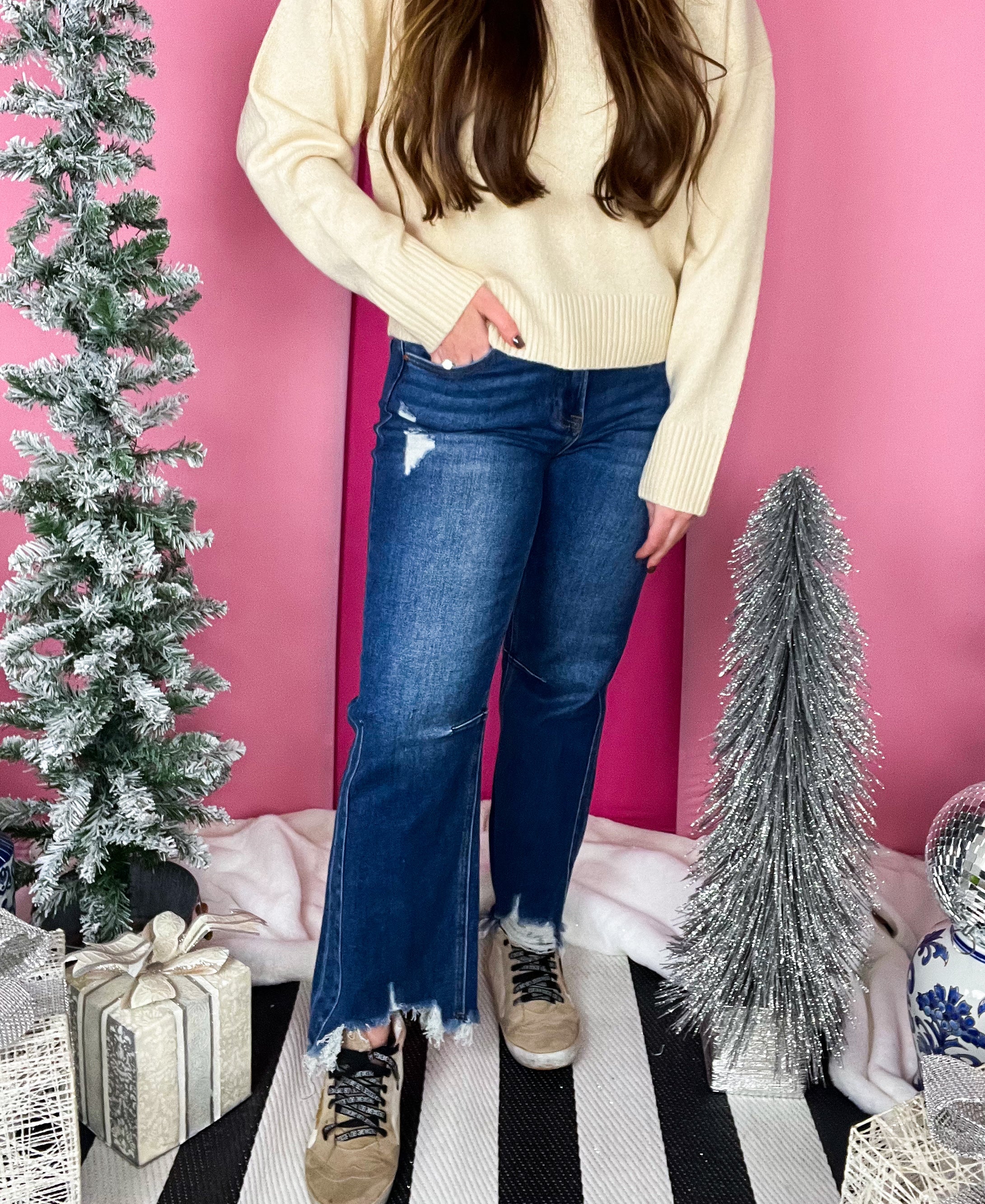 Darcy Dark Hi Rise Crop Distressed Risen Denim