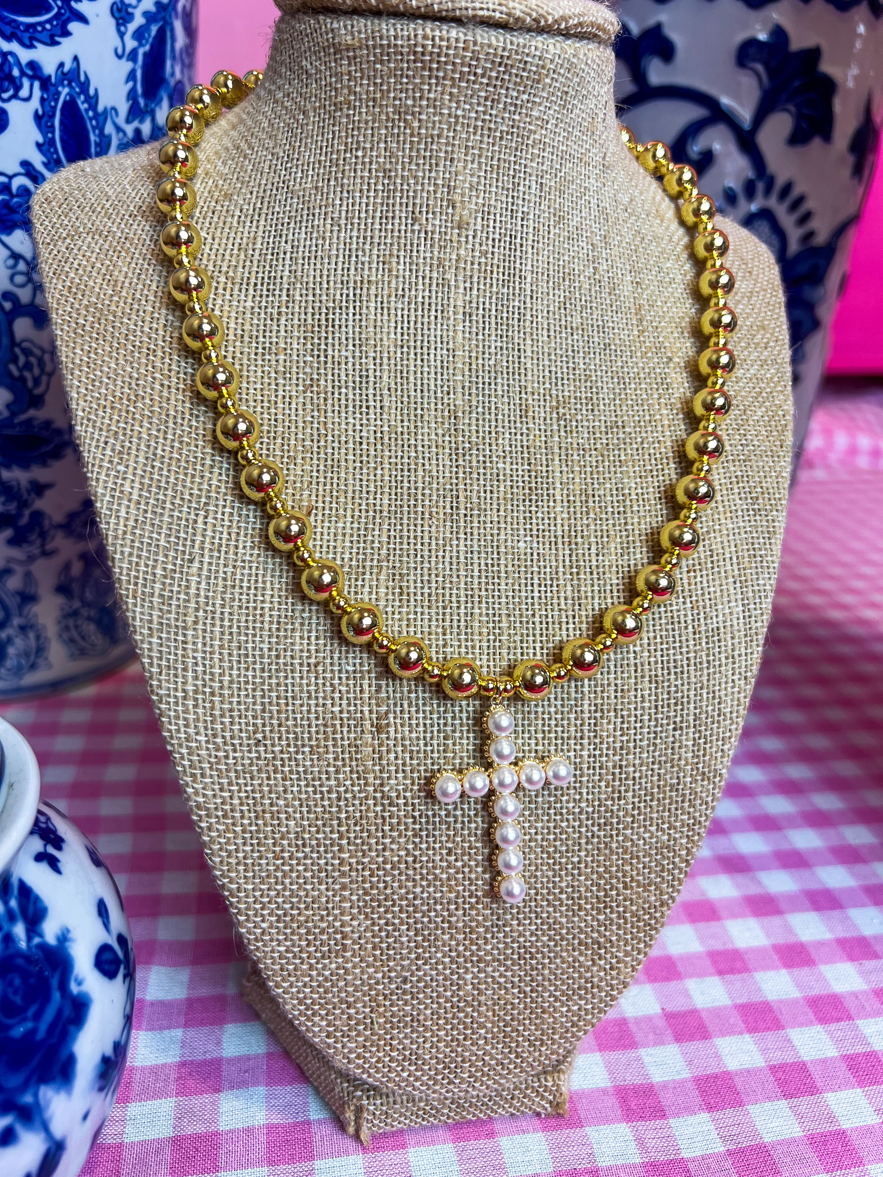 Vintage Beaded Cross Pearl Pendant Necklace