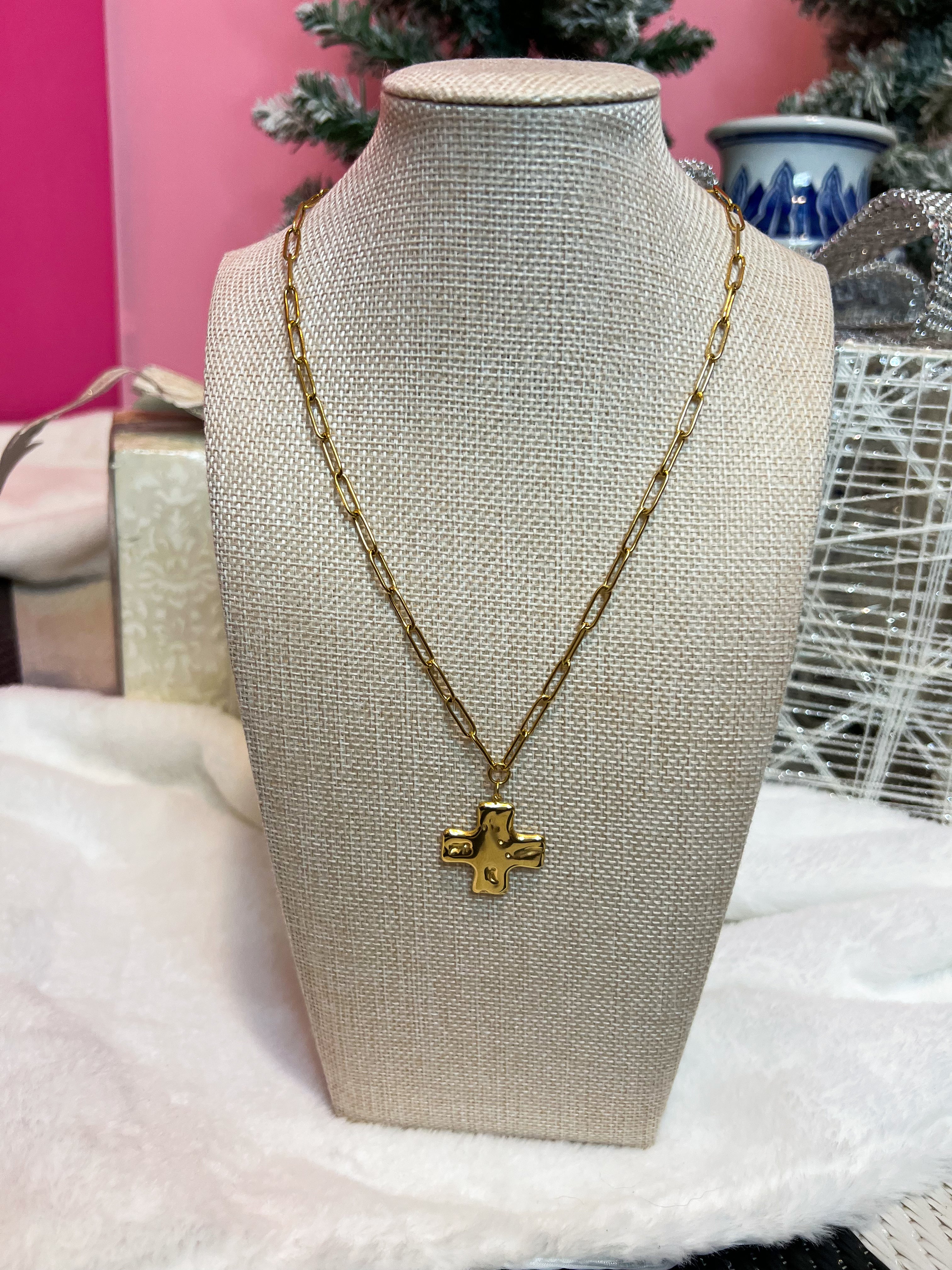 18K Stainless Steel Crushed Cross Necklace