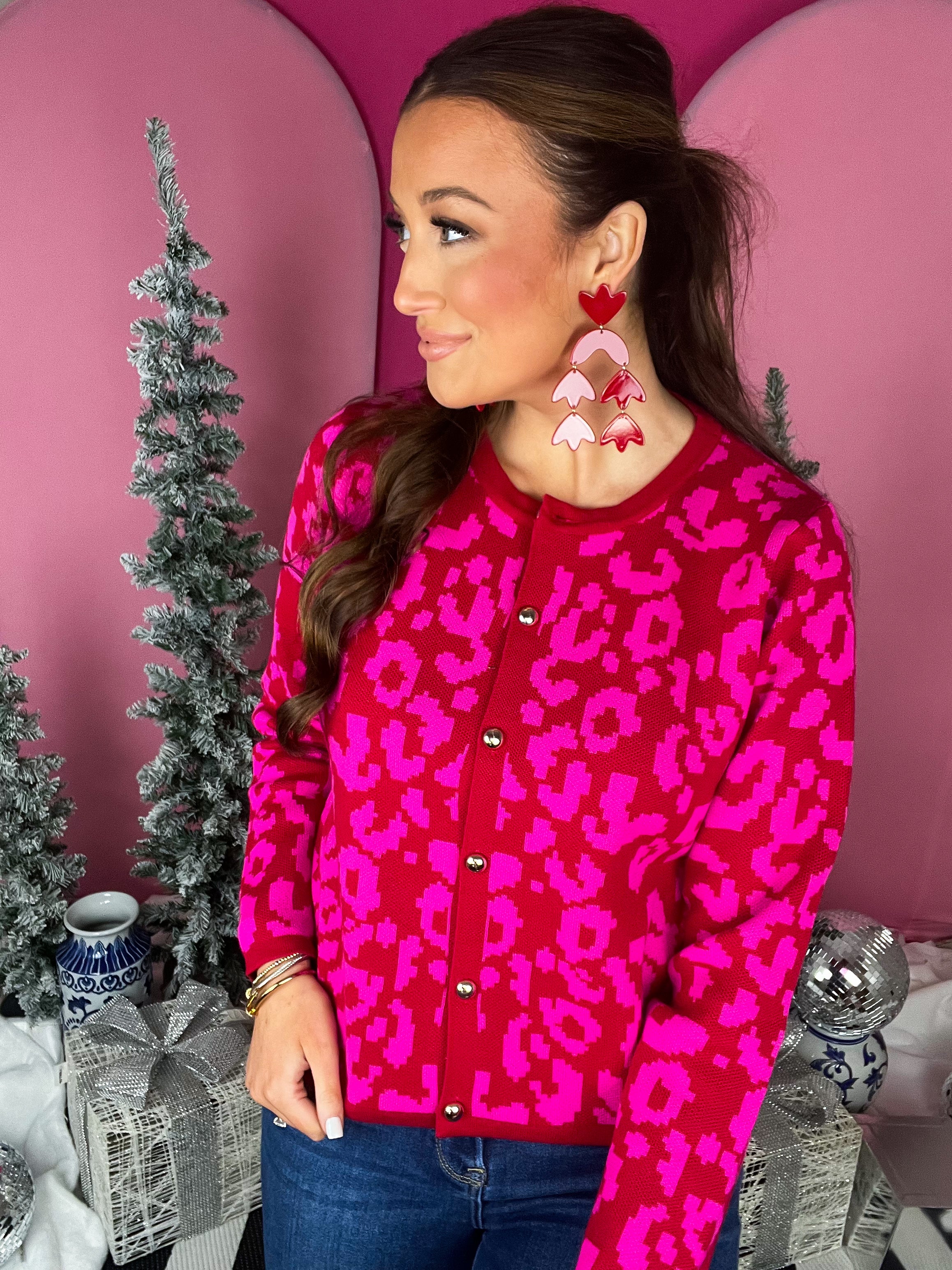 Red/Pink Leopard Button Sweater
