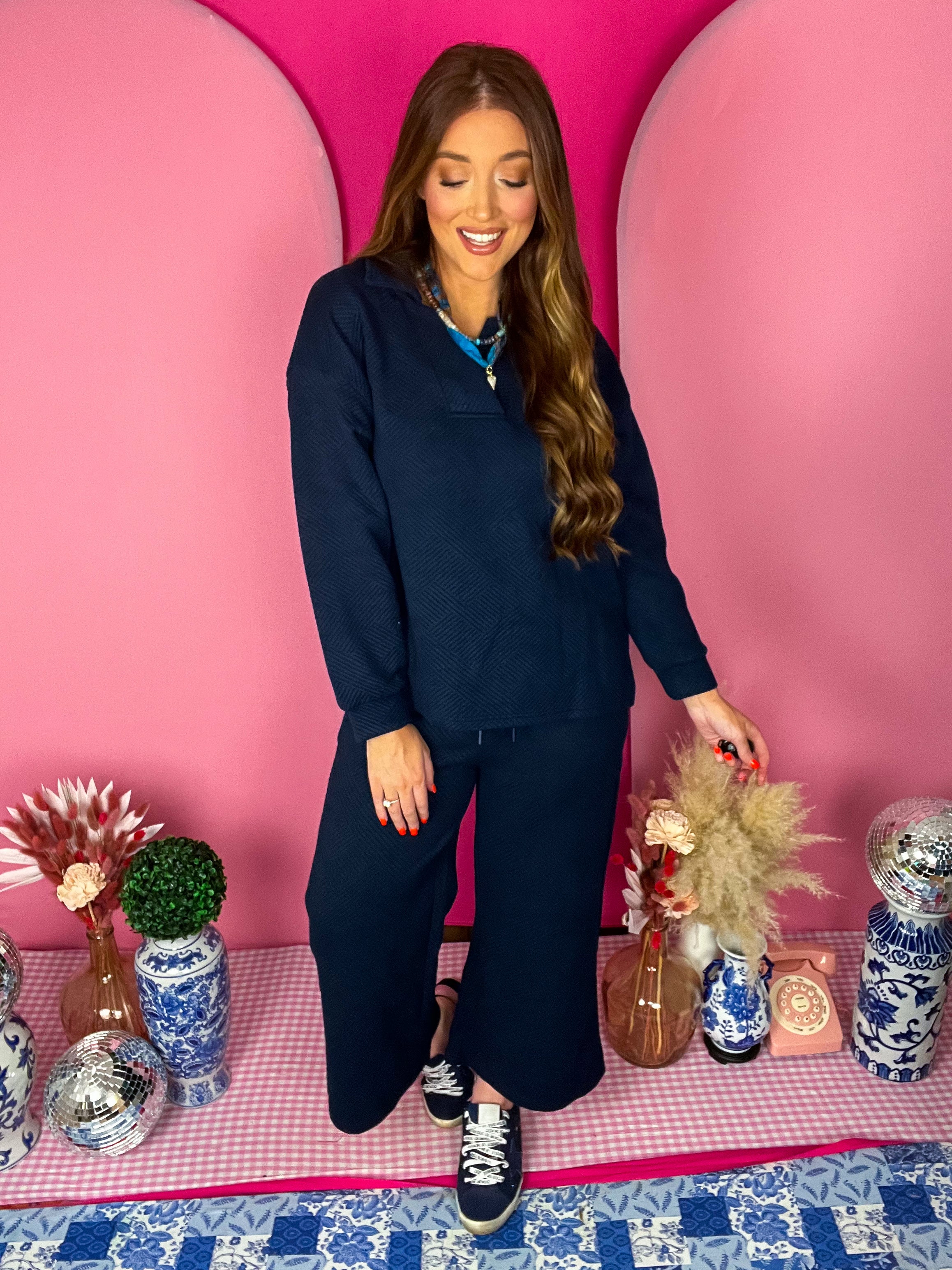 Navy Texture Wide Cropped Pants