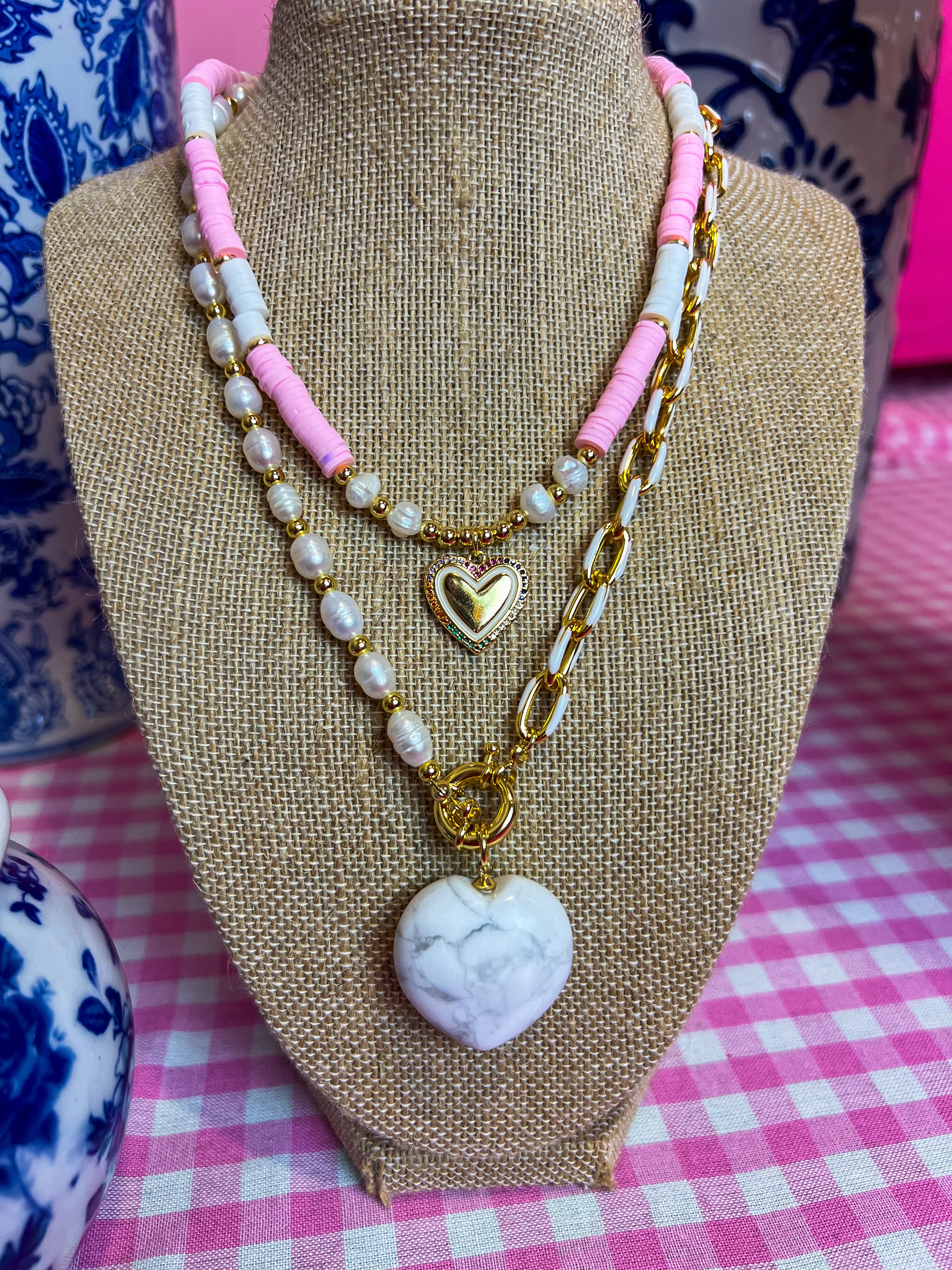 White Clay Marble Enamel Heart Necklace