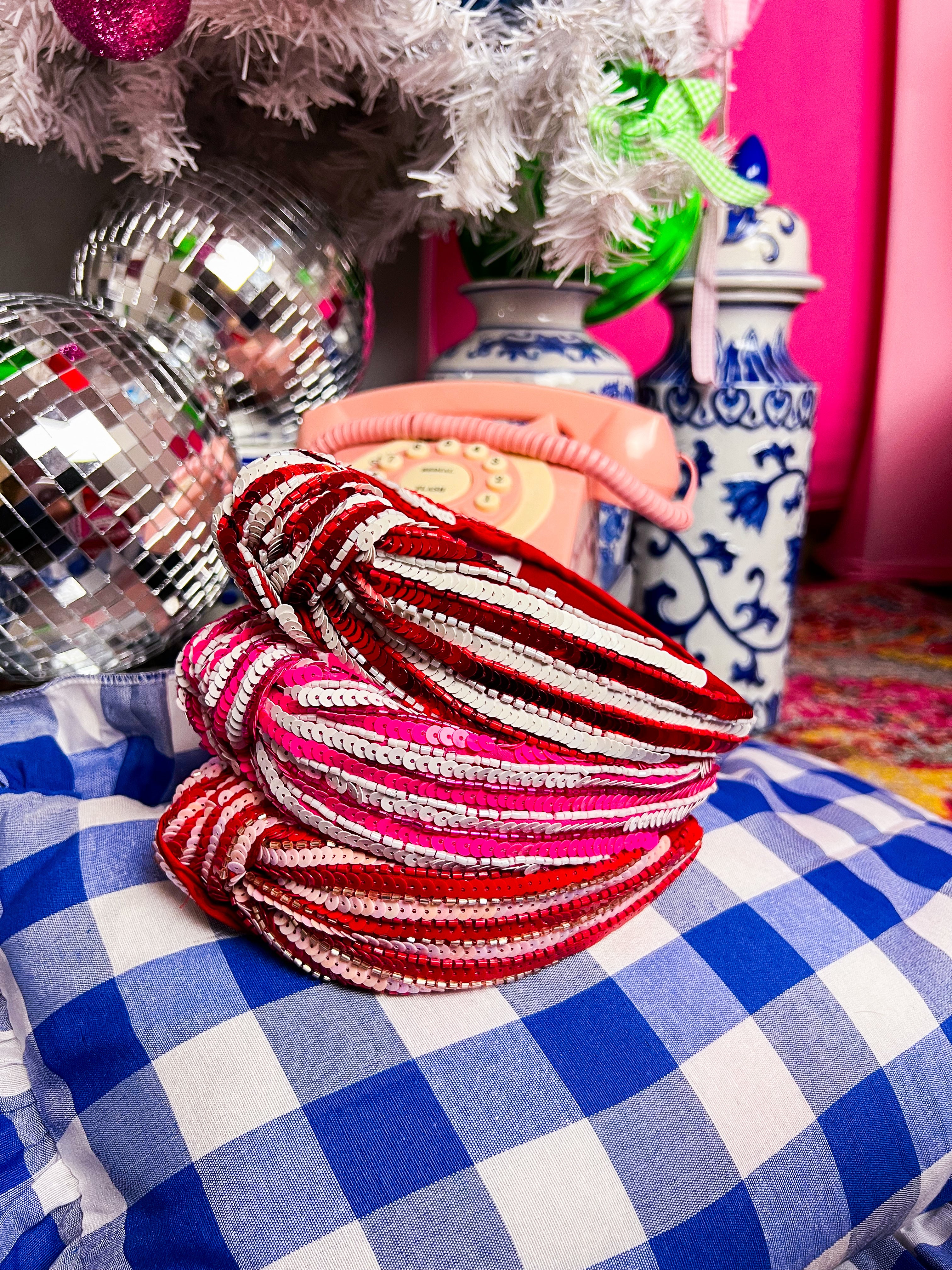 Sequin Pink/Red Topknot Stripe Headband