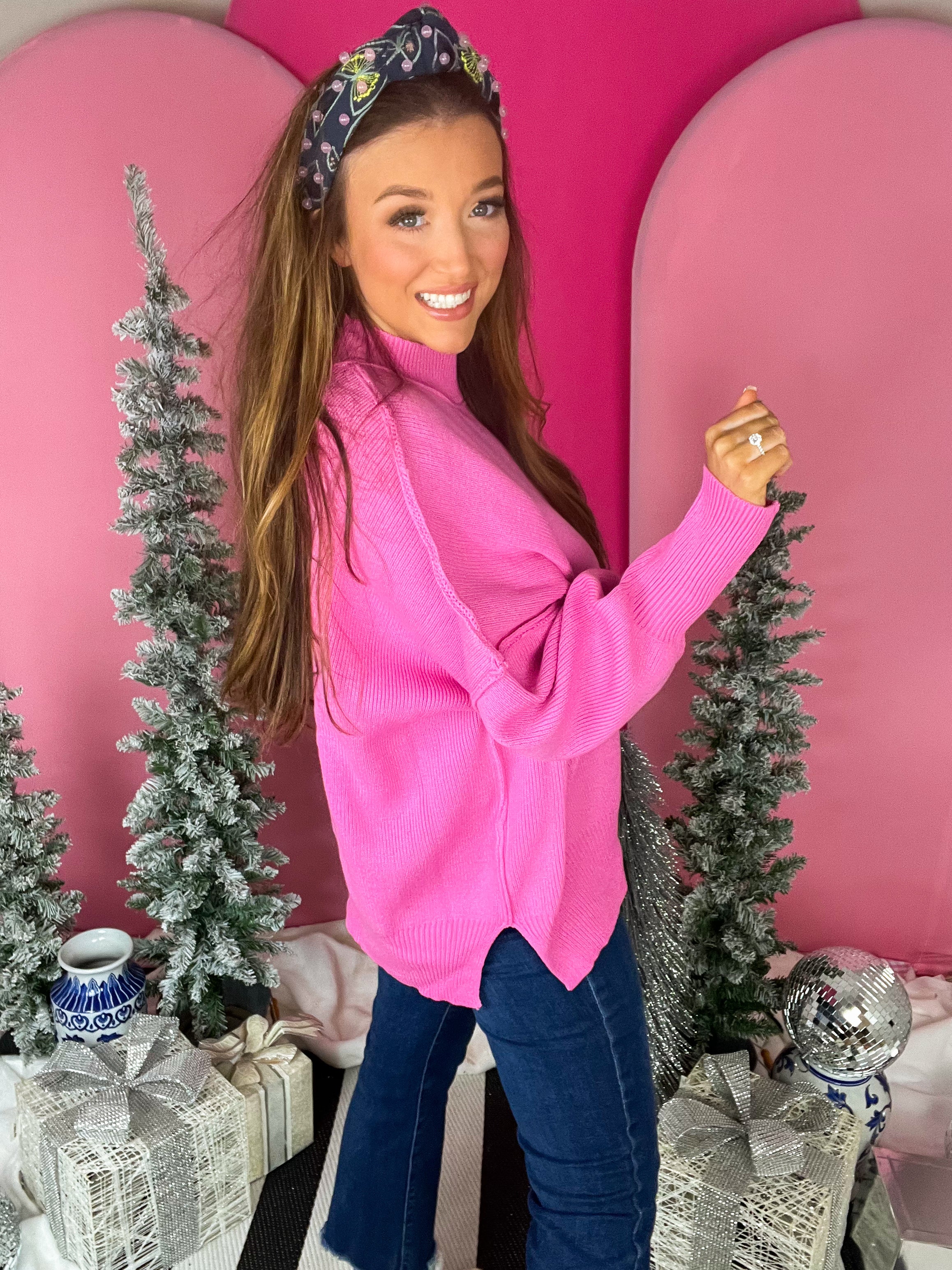 Oversized Side Slit Candy Pink Sweater