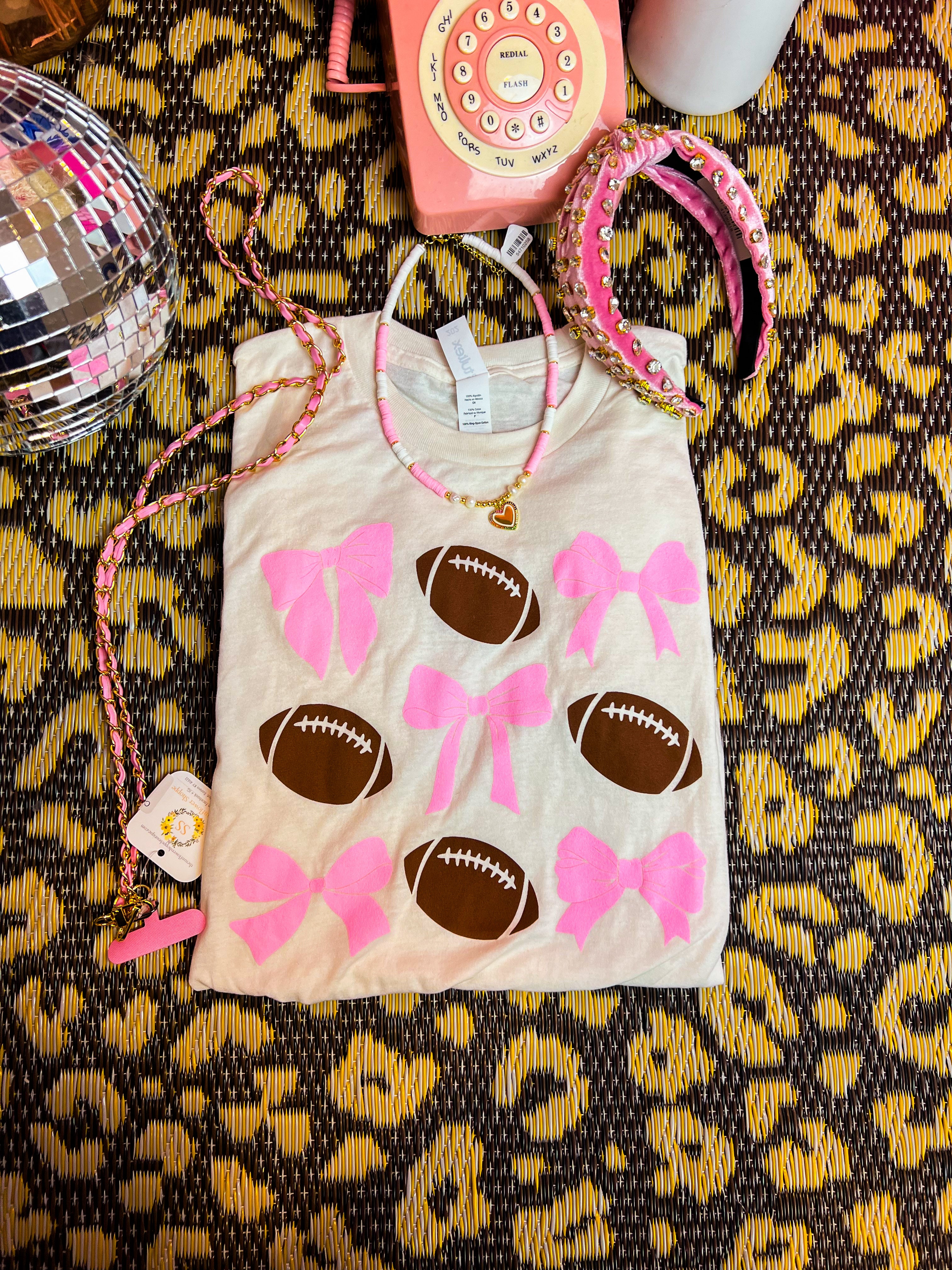 Cream Tee Pink Bow Football Short Sleeve