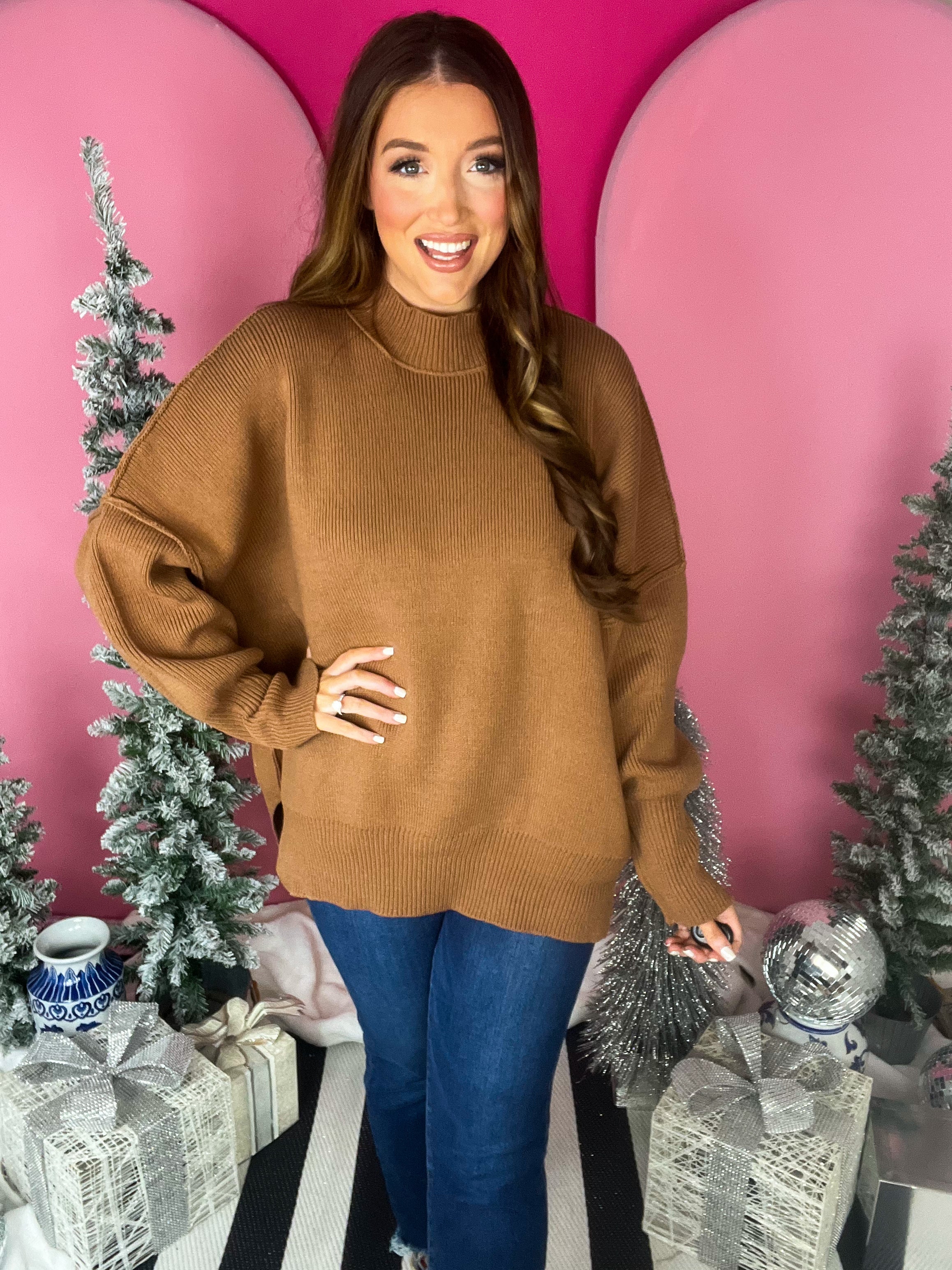 Oversized Side Slit Camel Sweater