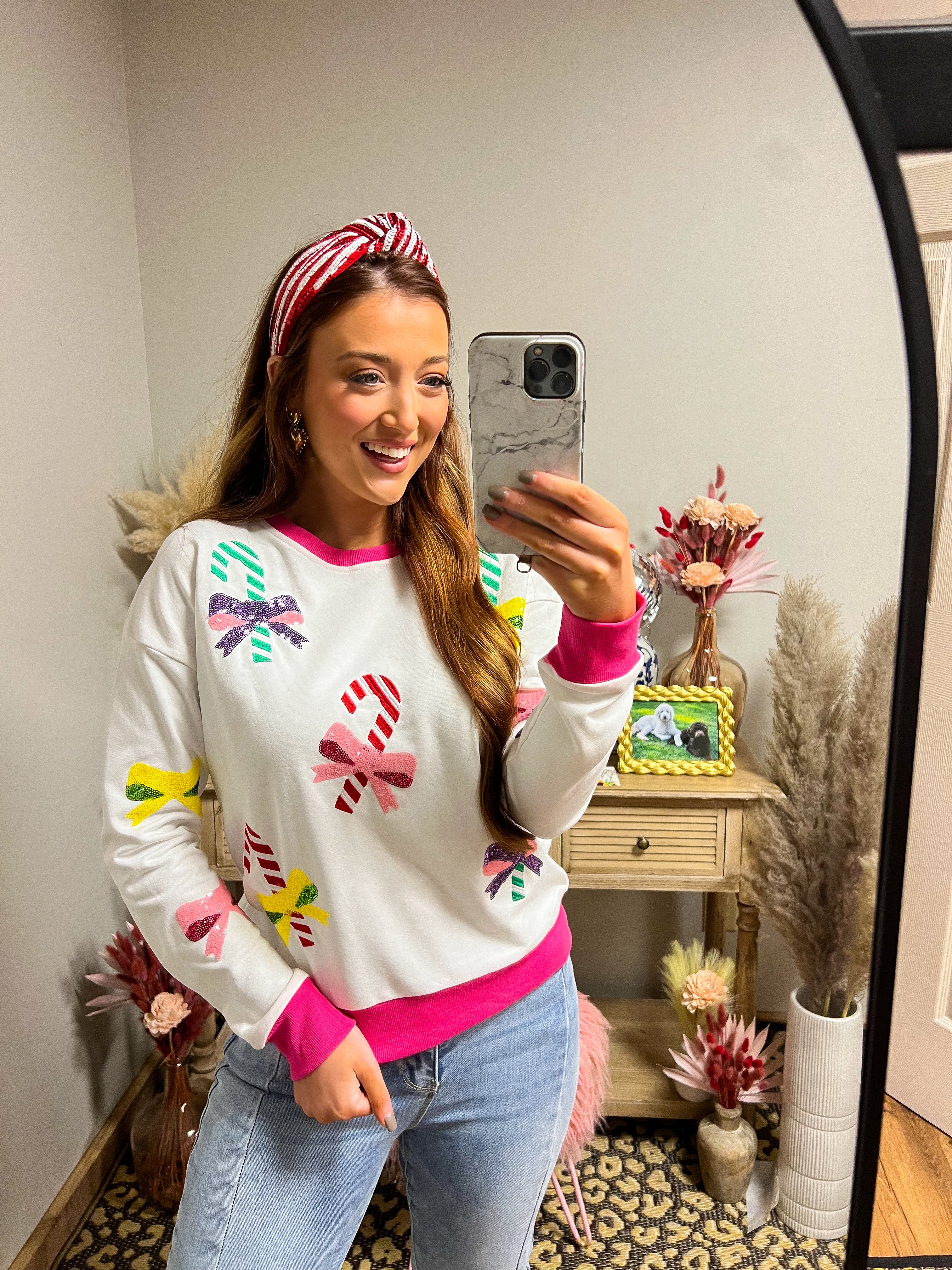 White Candy Cane Embellished Sweater